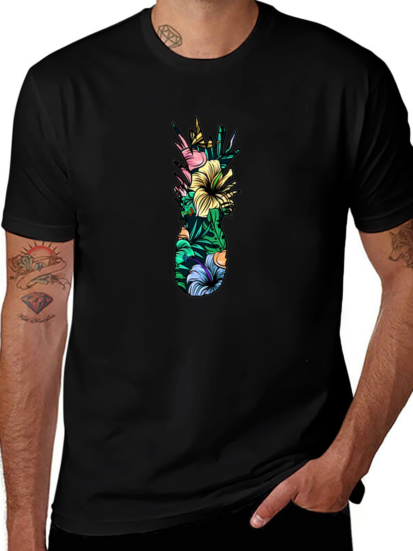 Tropical Pineapple Graphic Tee - Black Cotton T-Shirt