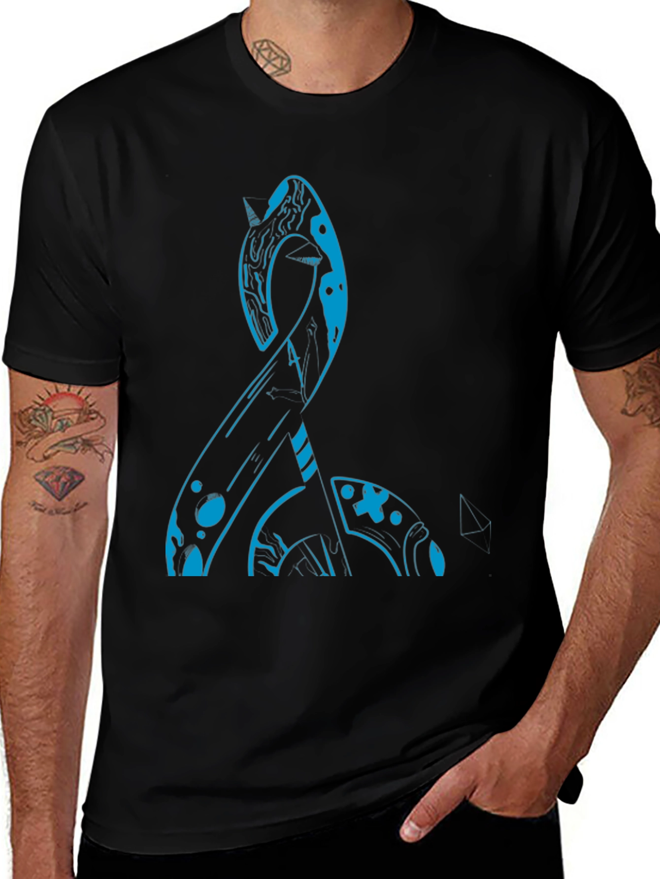 Abstract Blue Narwhal Graphic Black T-Shirt