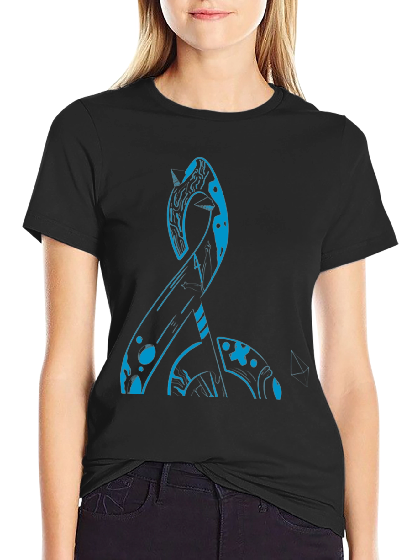 Abstract Blue Narwhal Graphic Black T-Shirt