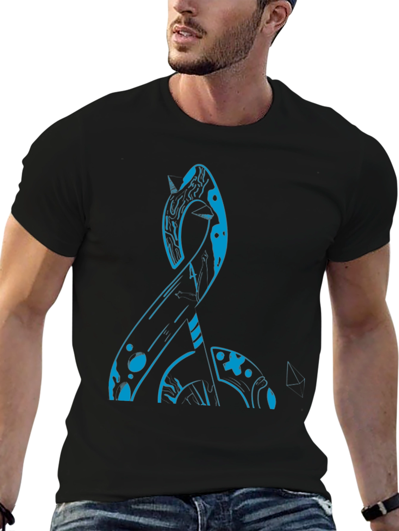 Abstract Blue Narwhal Graphic Black T-Shirt