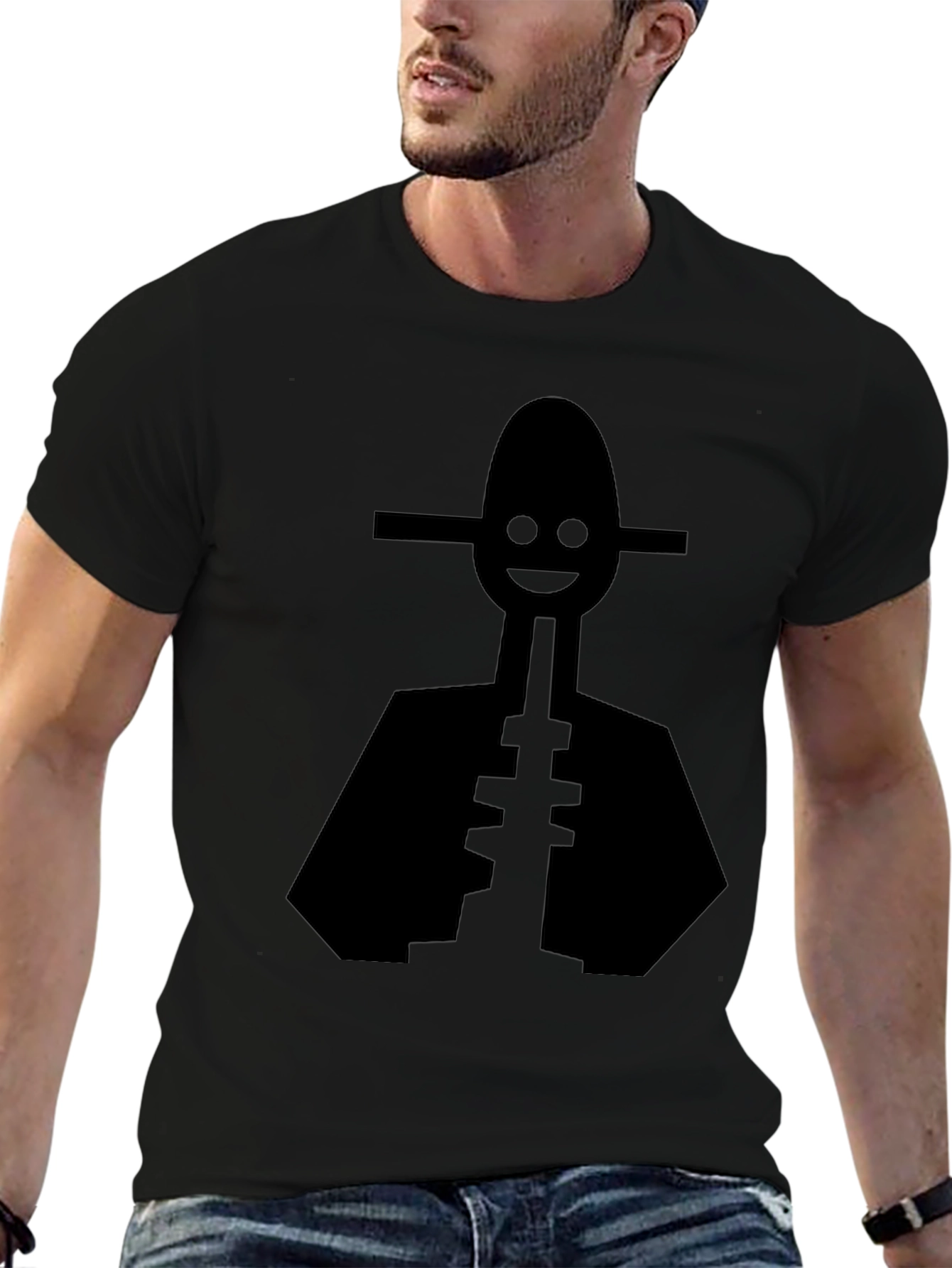 Mens Black T-Shirt with Abstract Character Graphic