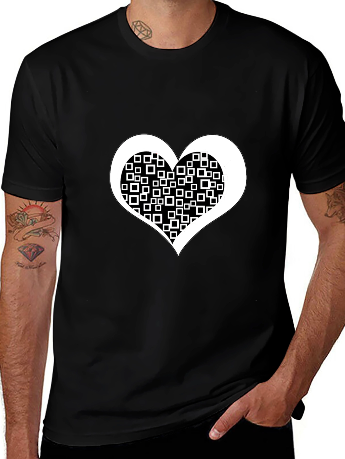 Black Tee with White Square Heart Design
