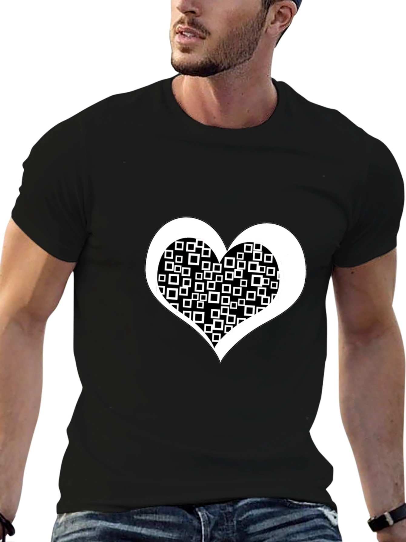 Black Tee with White Square Heart Design