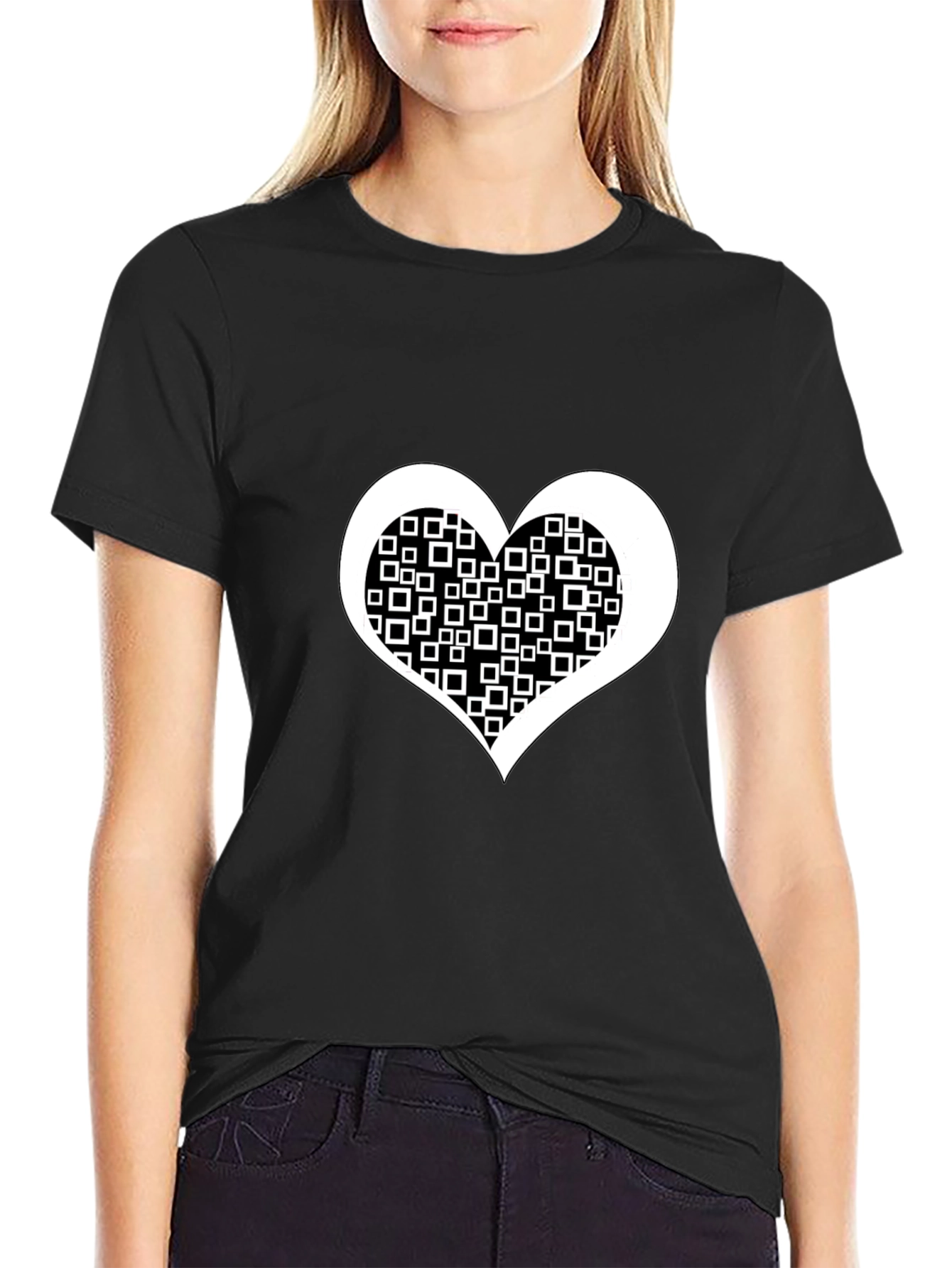 Black Tee with White Square Heart Design