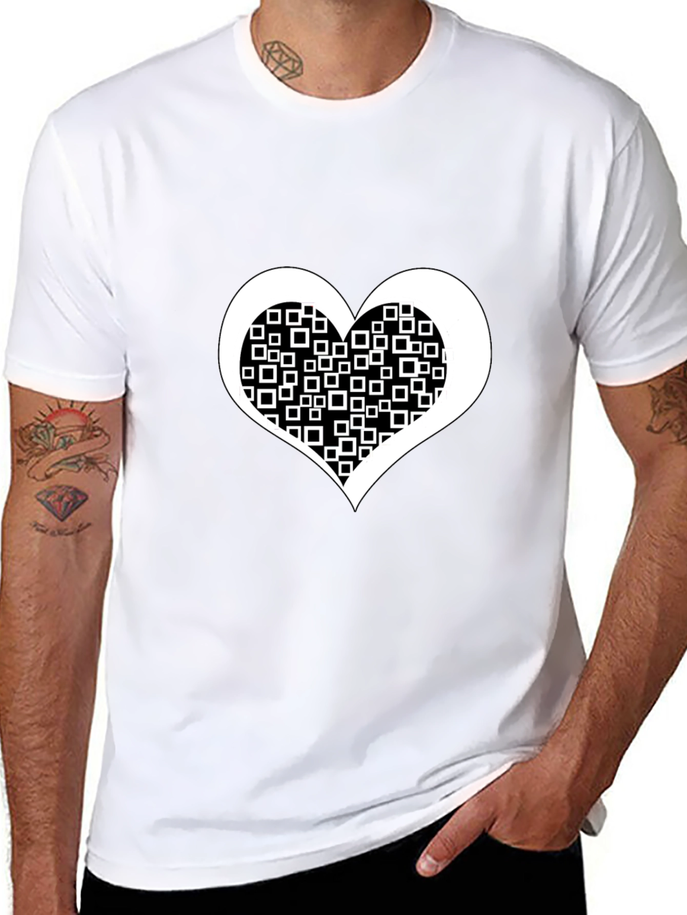 Black Tee with White Square Heart Design