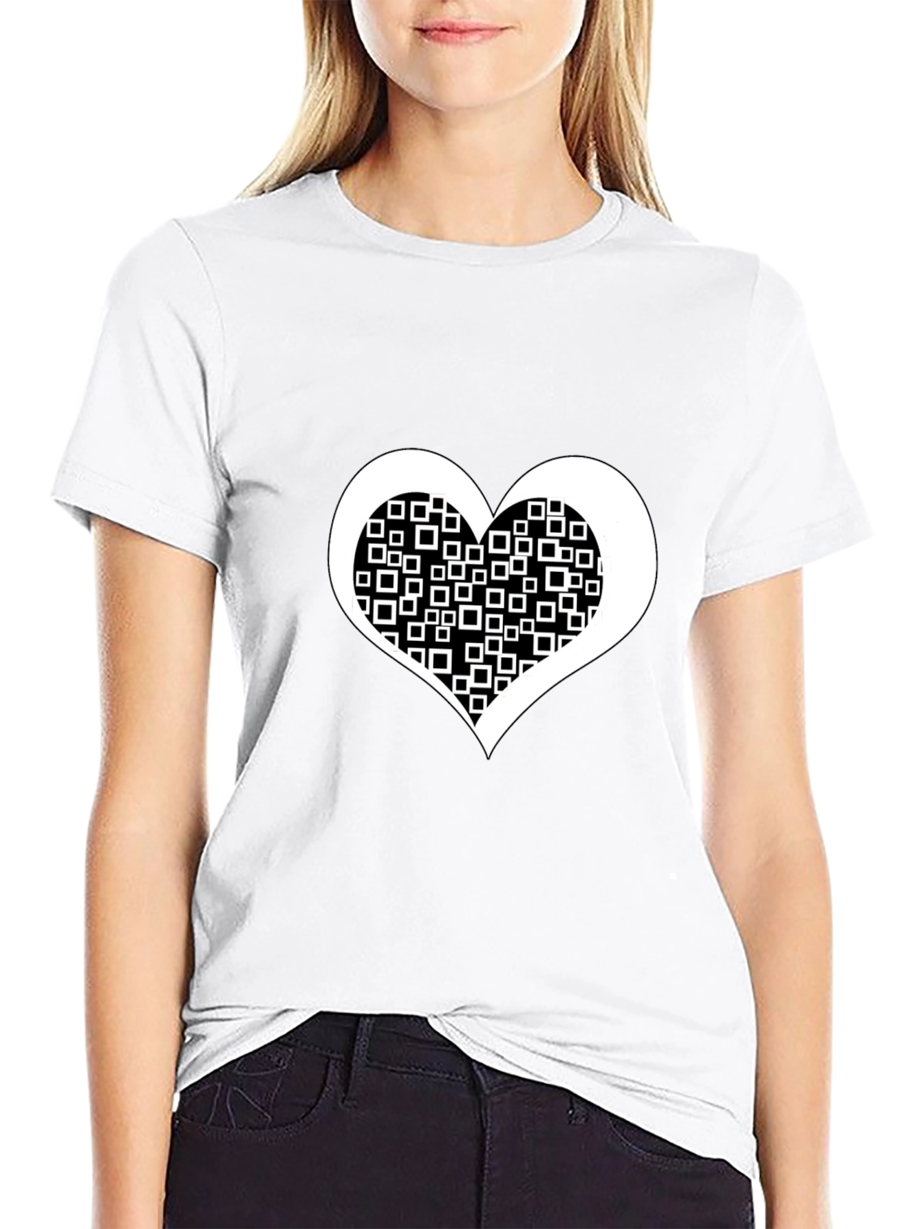 Black Tee with White Square Heart Design