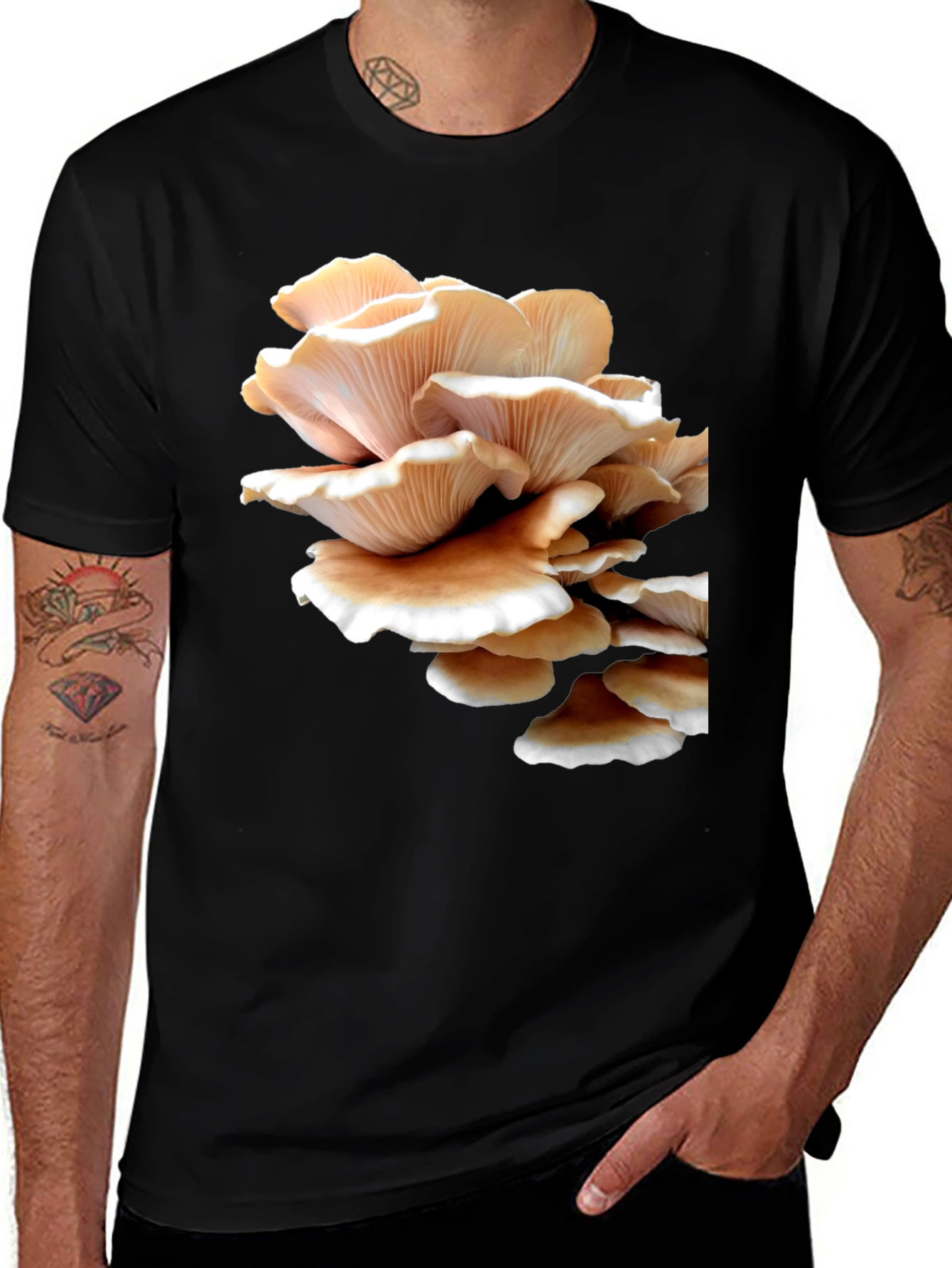 Mushroom Print Black Tee - Unique Graphic T-Shirt