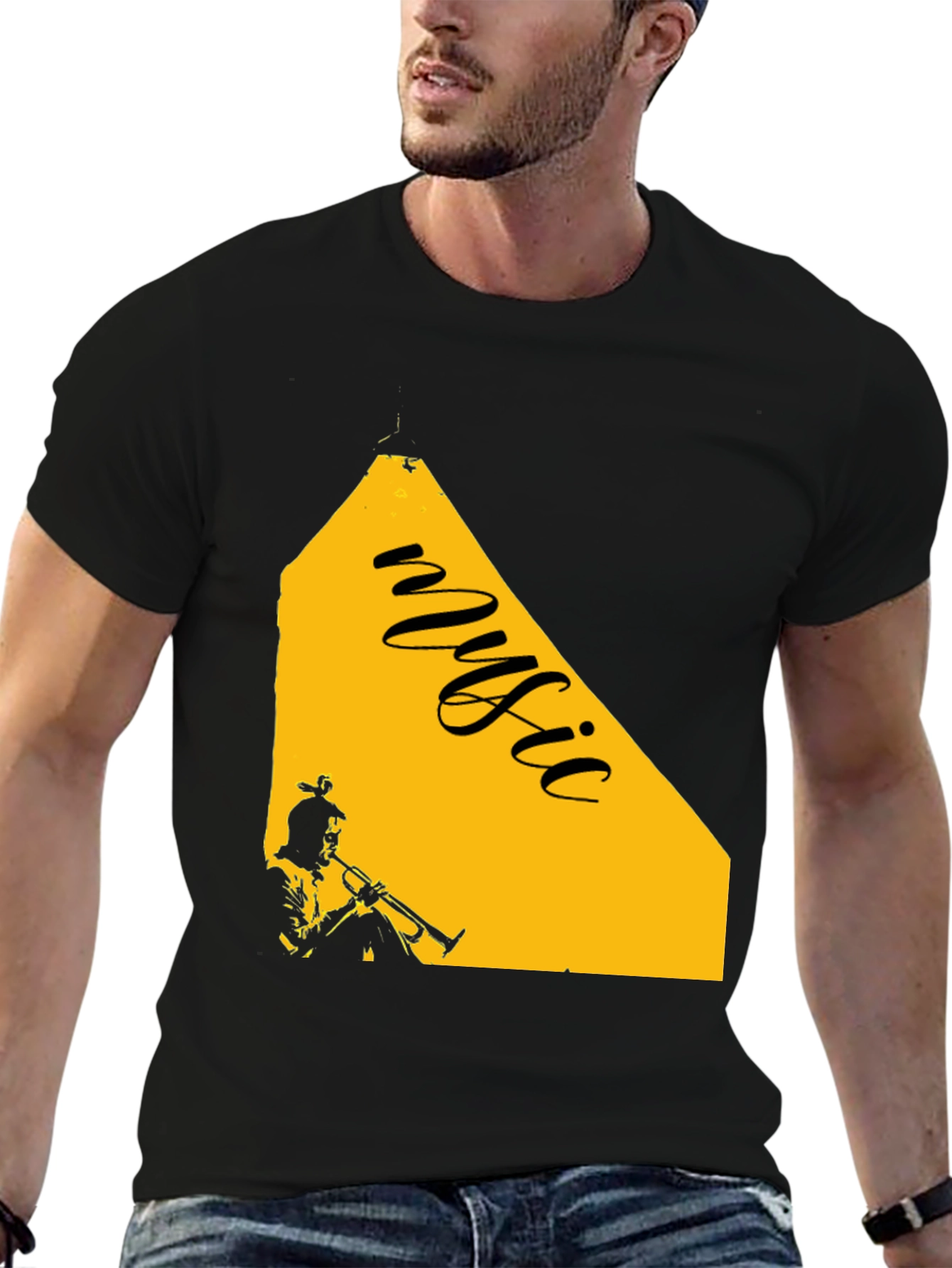 Music Trumpet Graphic Tee - Black Cotton Blend T-Shirt