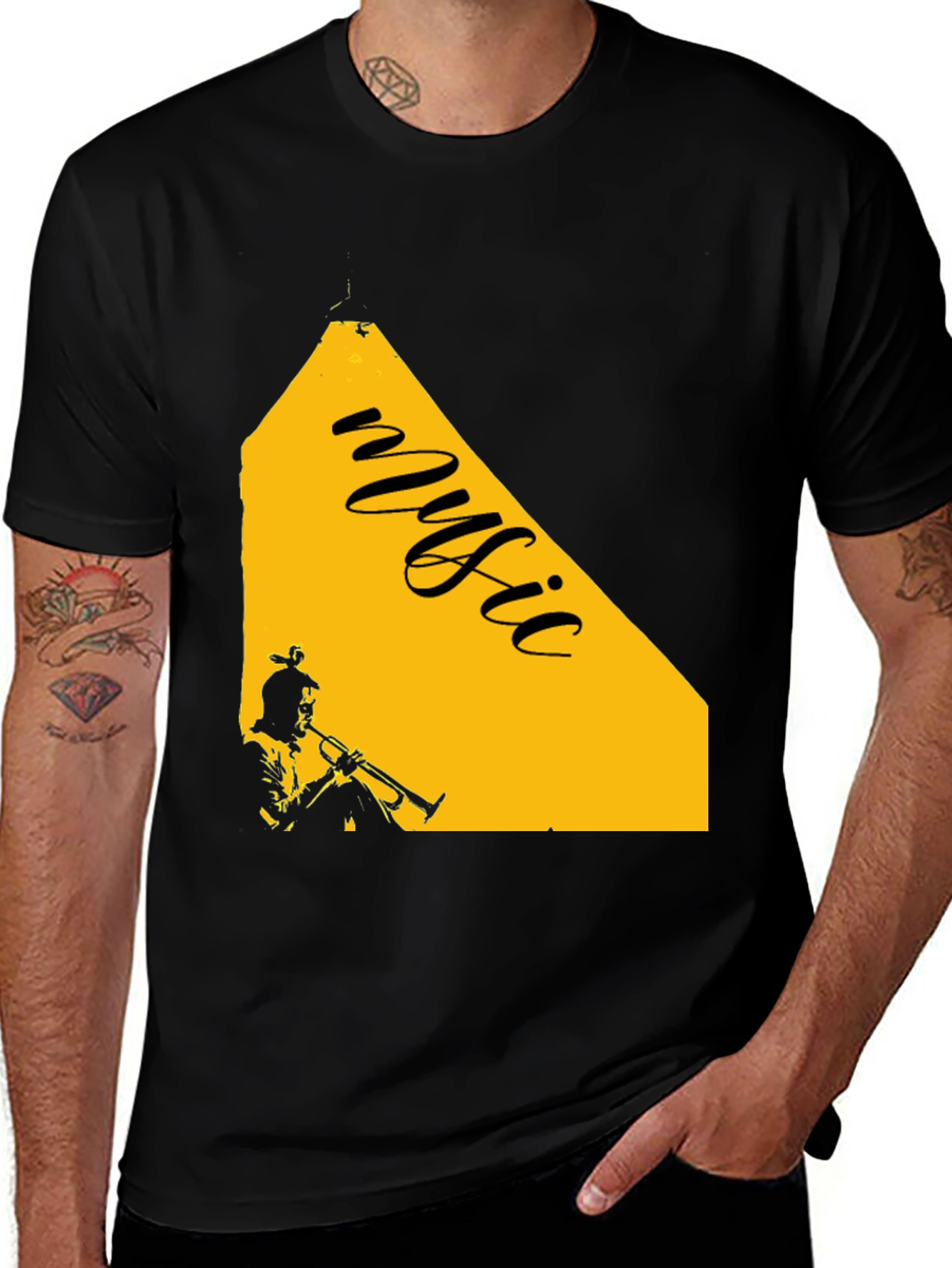 Music Trumpet Graphic Tee - Black Cotton Blend T-Shirt