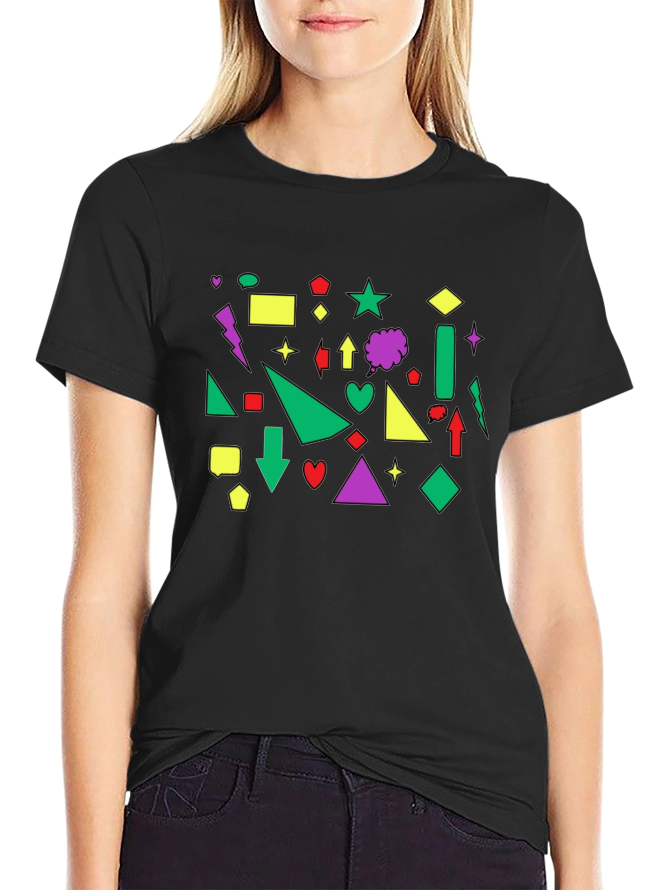 Geometric Shape Print Black Crew Neck T-Shirt