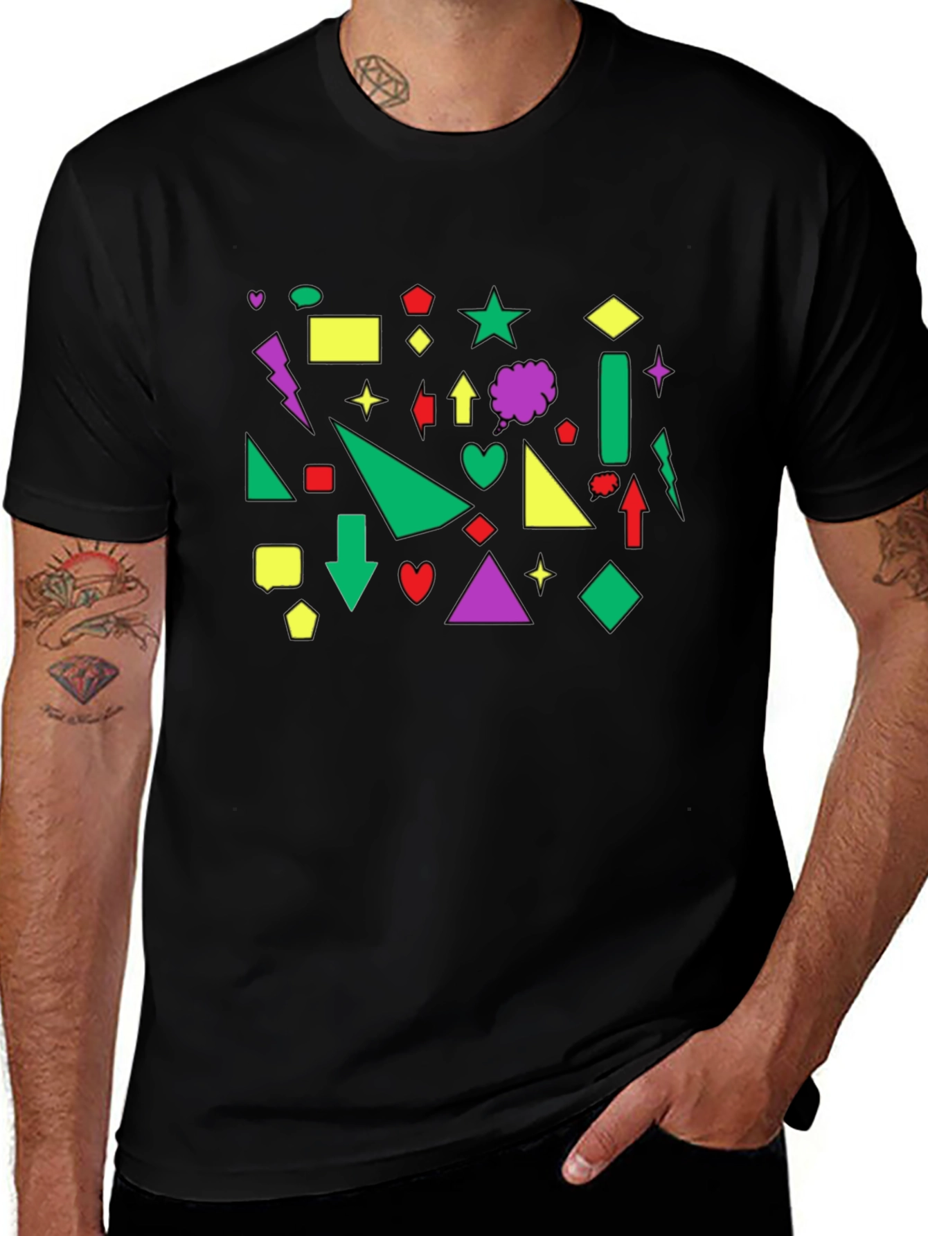 Geometric Shape Print Black Crew Neck T-Shirt