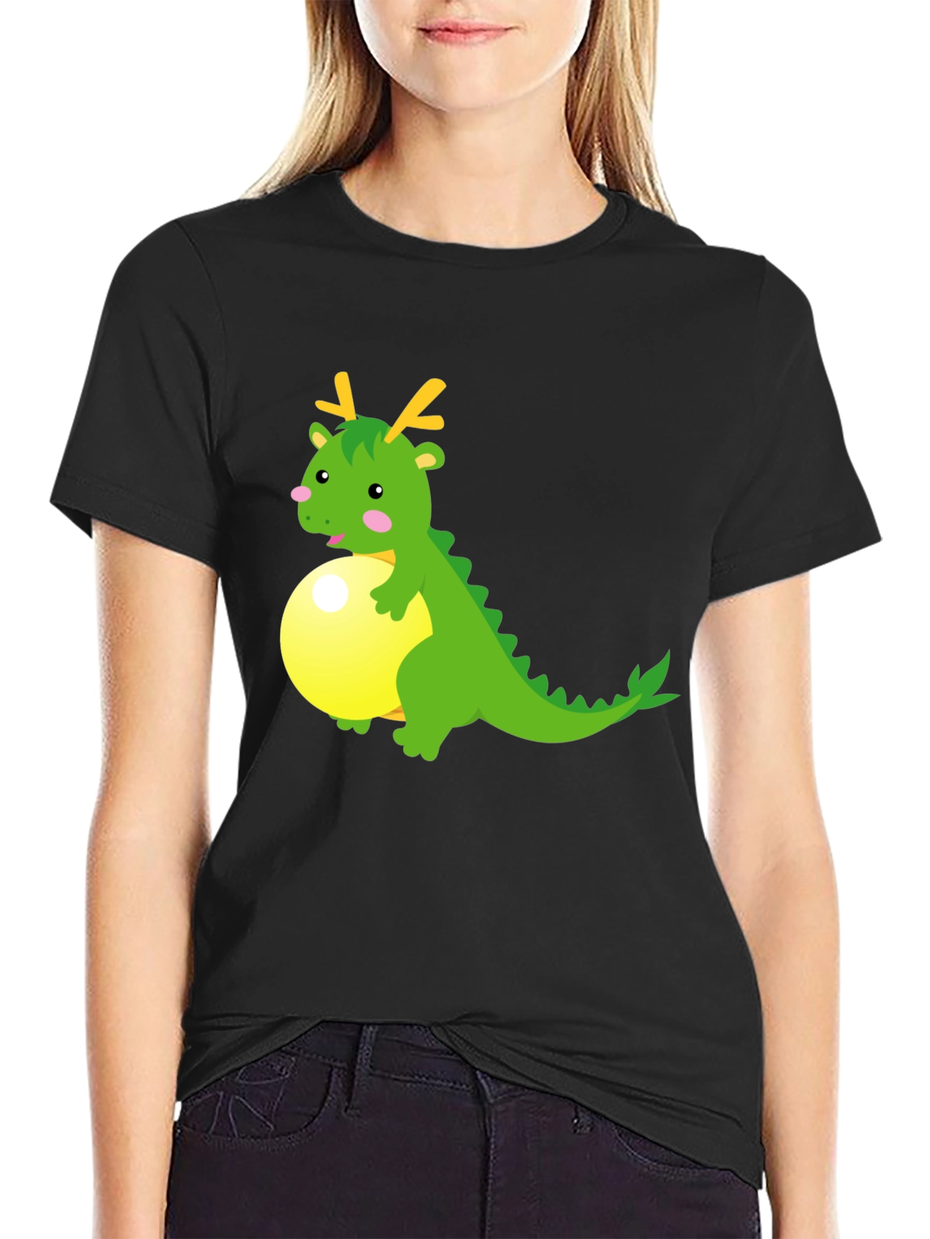 Cartoon Dragon on Ball Graphic Tee - Black