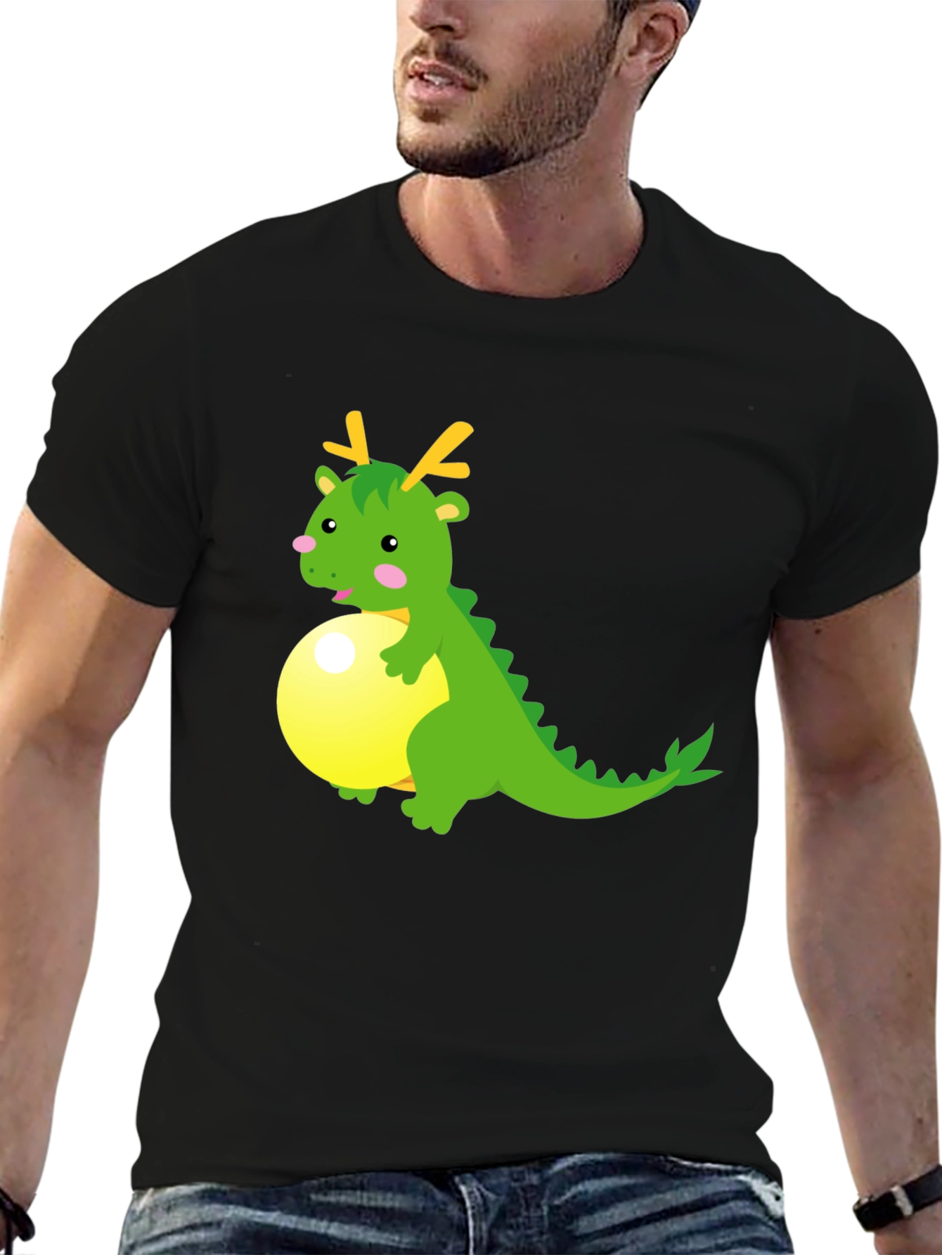 Cartoon Dragon on Ball Graphic Tee - Black