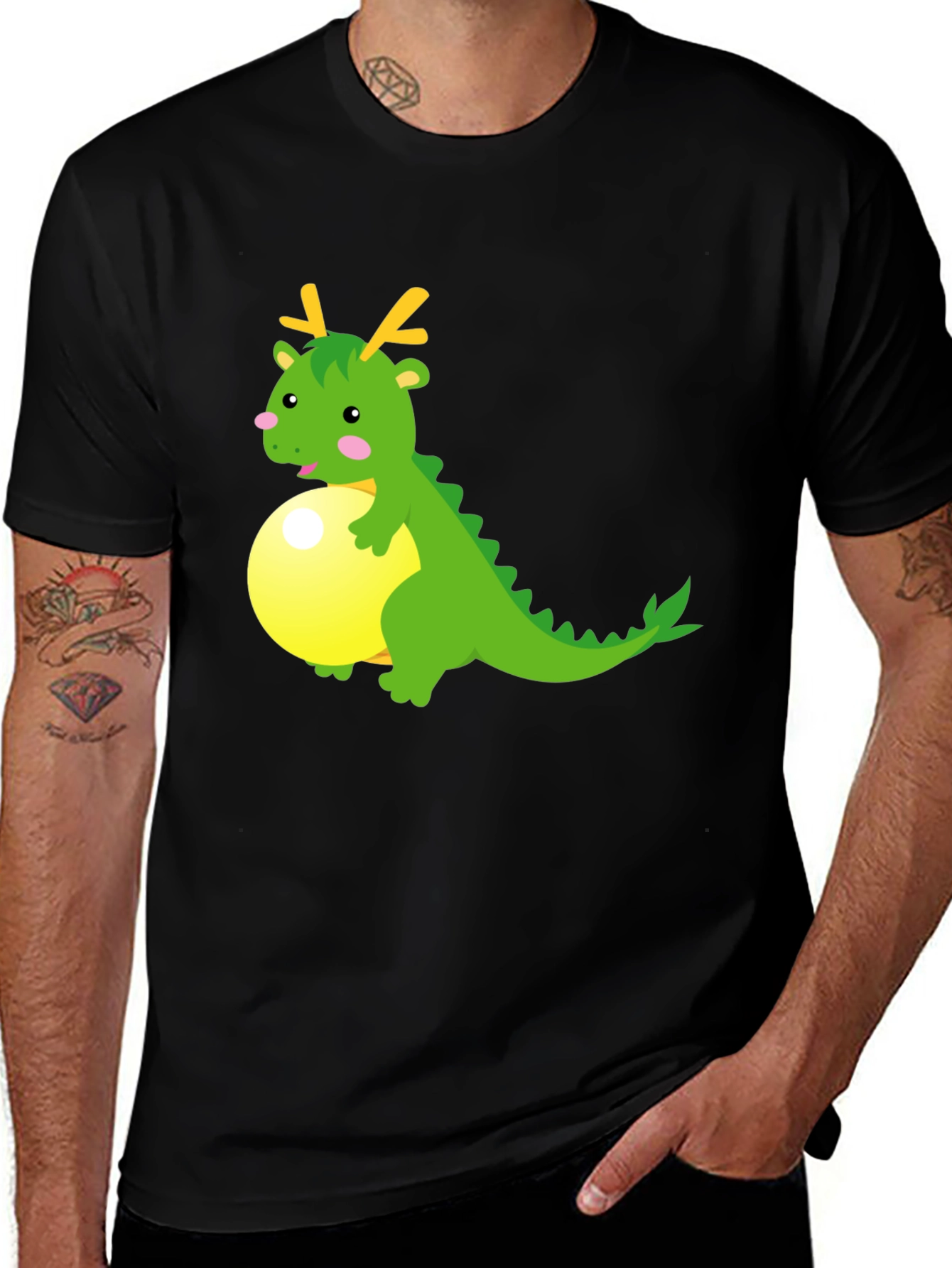 Cartoon Dragon on Ball Graphic Tee - Black