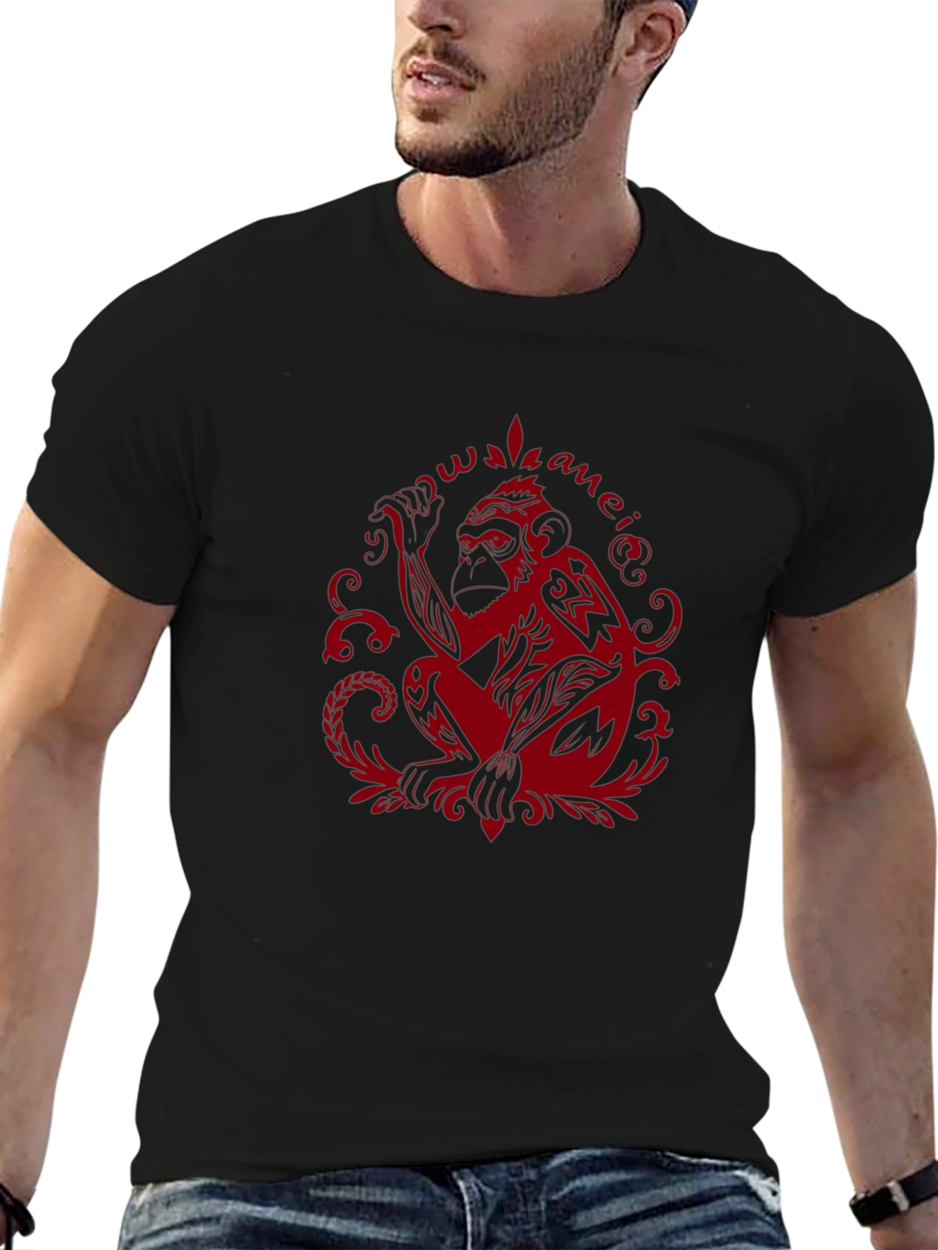 Tribal Monkey Graphic Tee - Red Print on Black