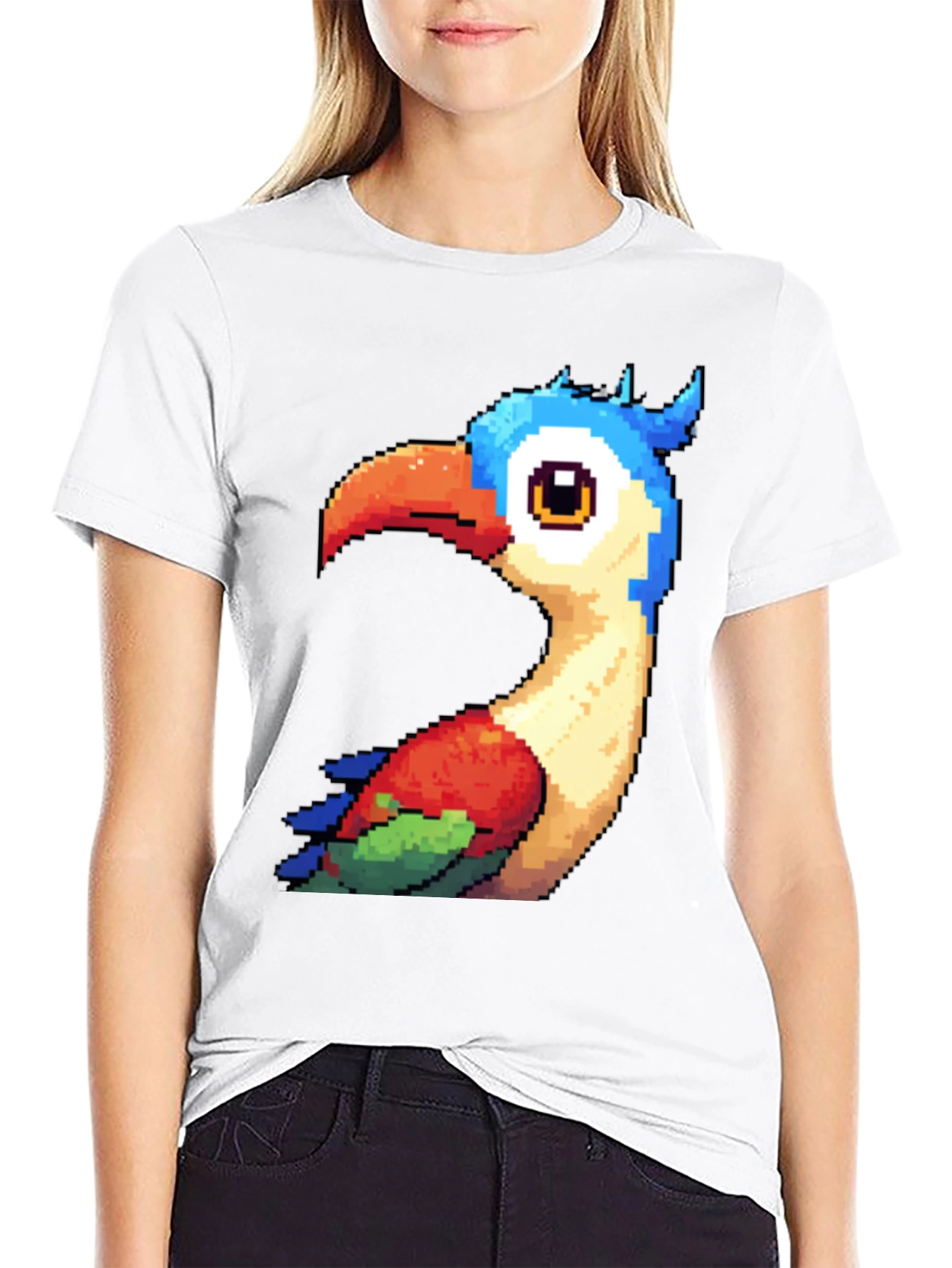 Pixel Art Bird Graphic T-Shirt - Black