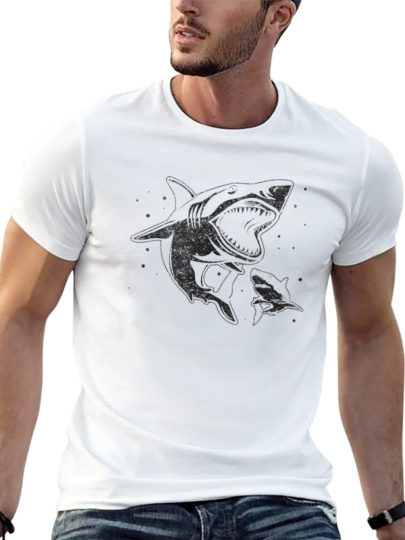 Shark Graphic Tee - Black Cotton Casual Shirt