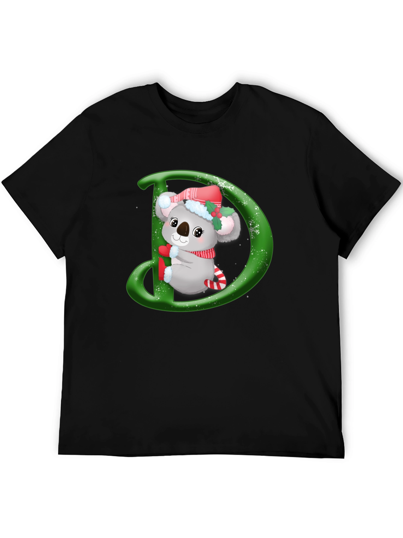 Christmas Koala D Initial Black T-Shirt
