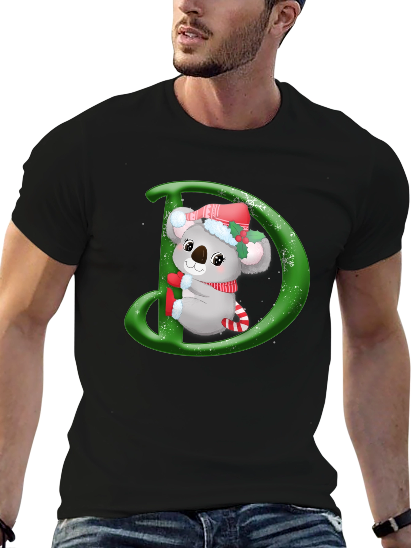 Christmas Koala D Initial Black T-Shirt
