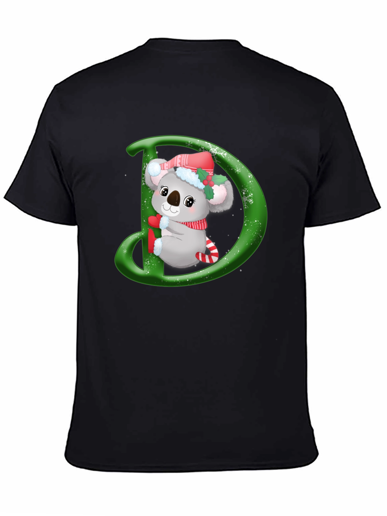 Christmas Koala D Initial Black T-Shirt