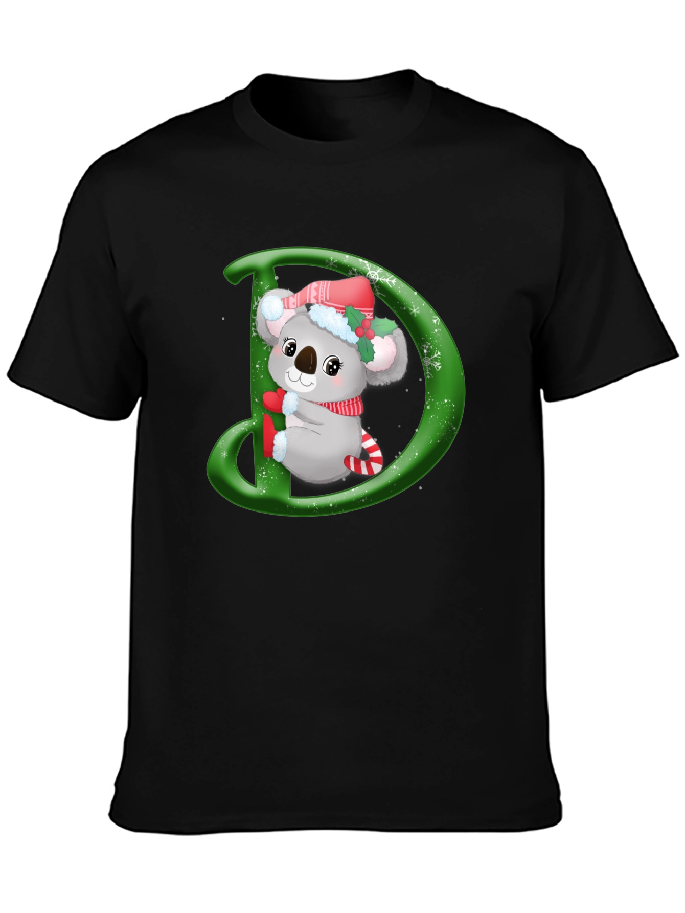 Christmas Koala D Initial Black T-Shirt