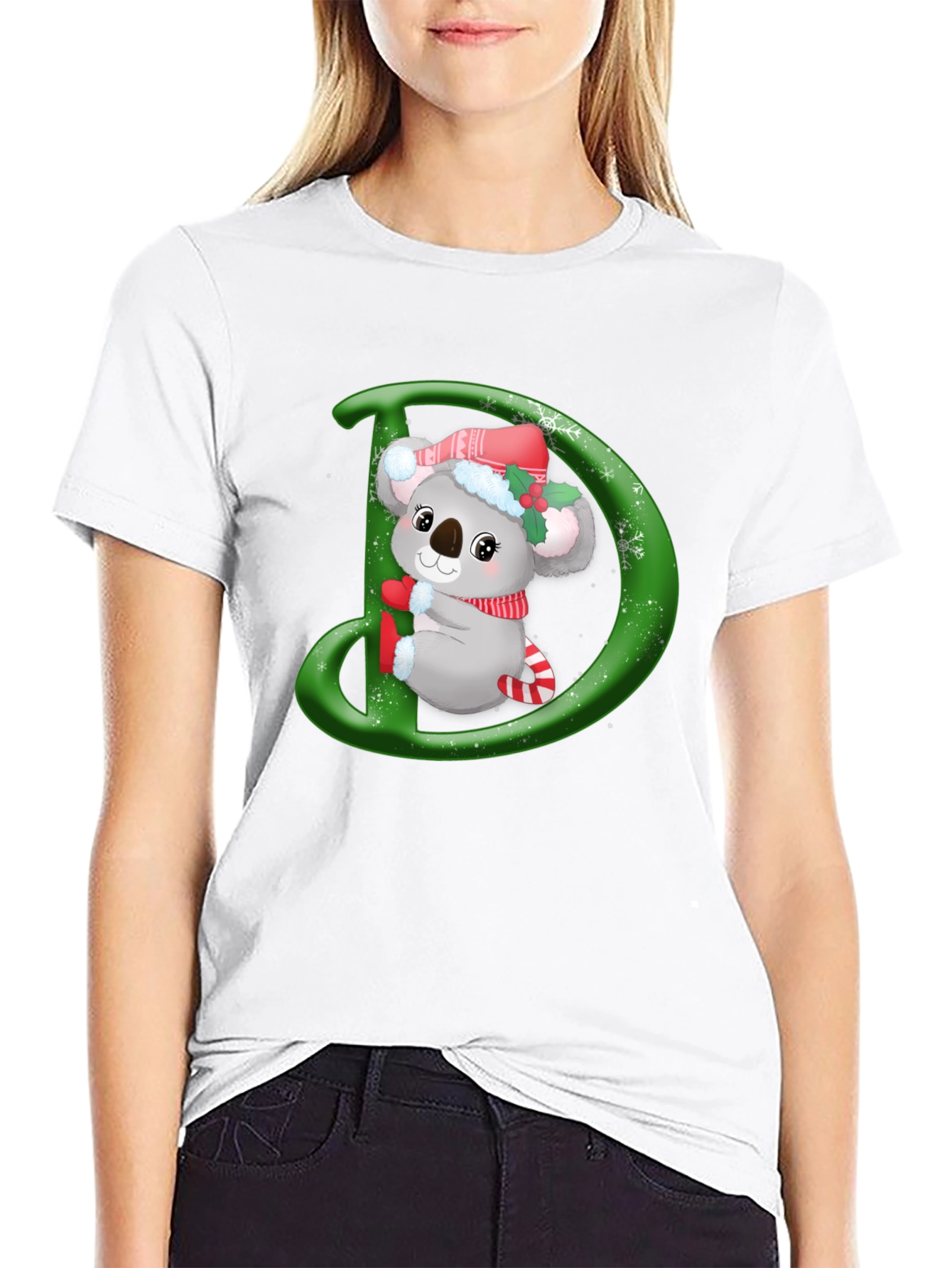 Christmas Koala D Initial Black T-Shirt