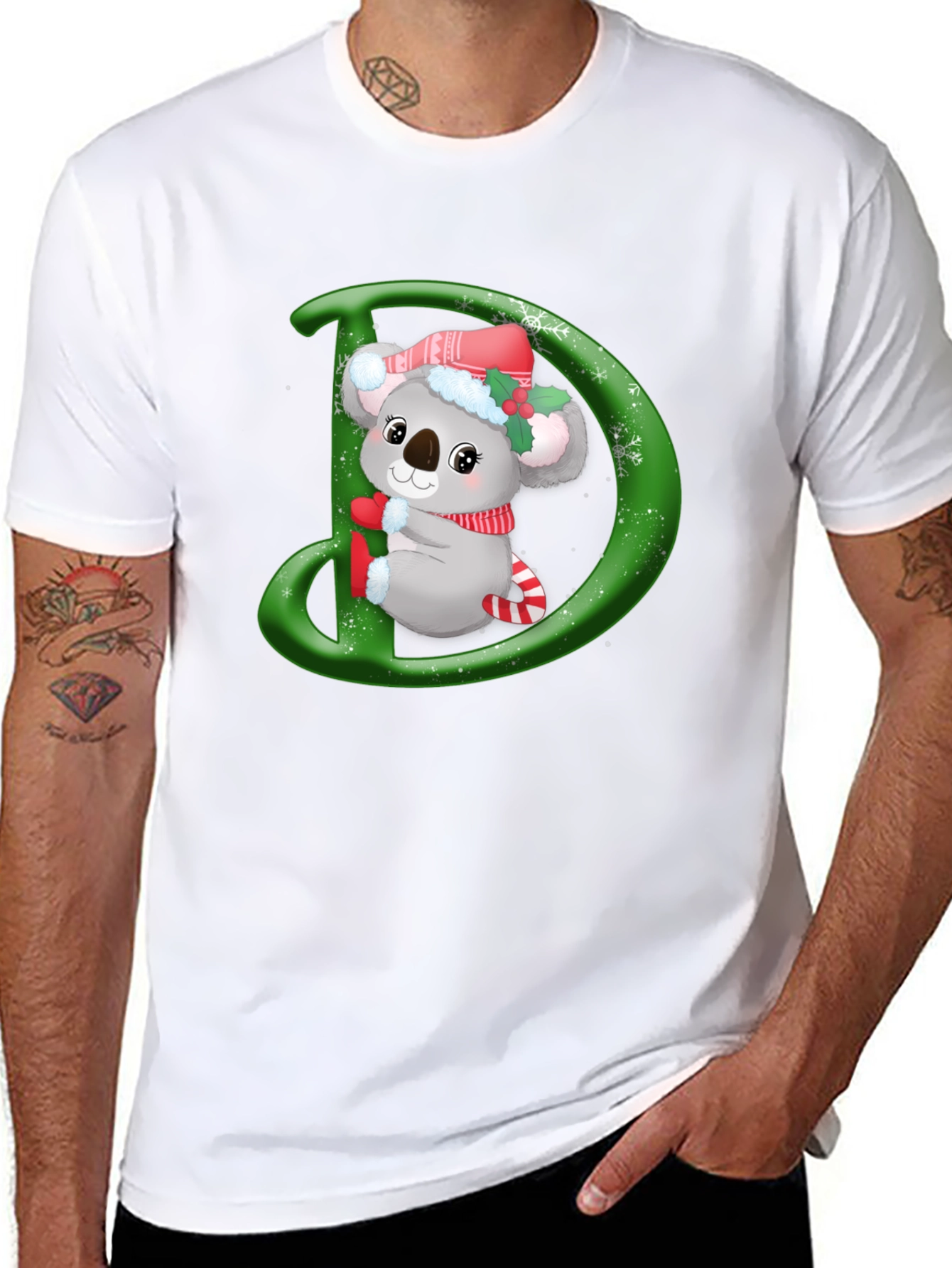 Christmas Koala D Initial Black T-Shirt