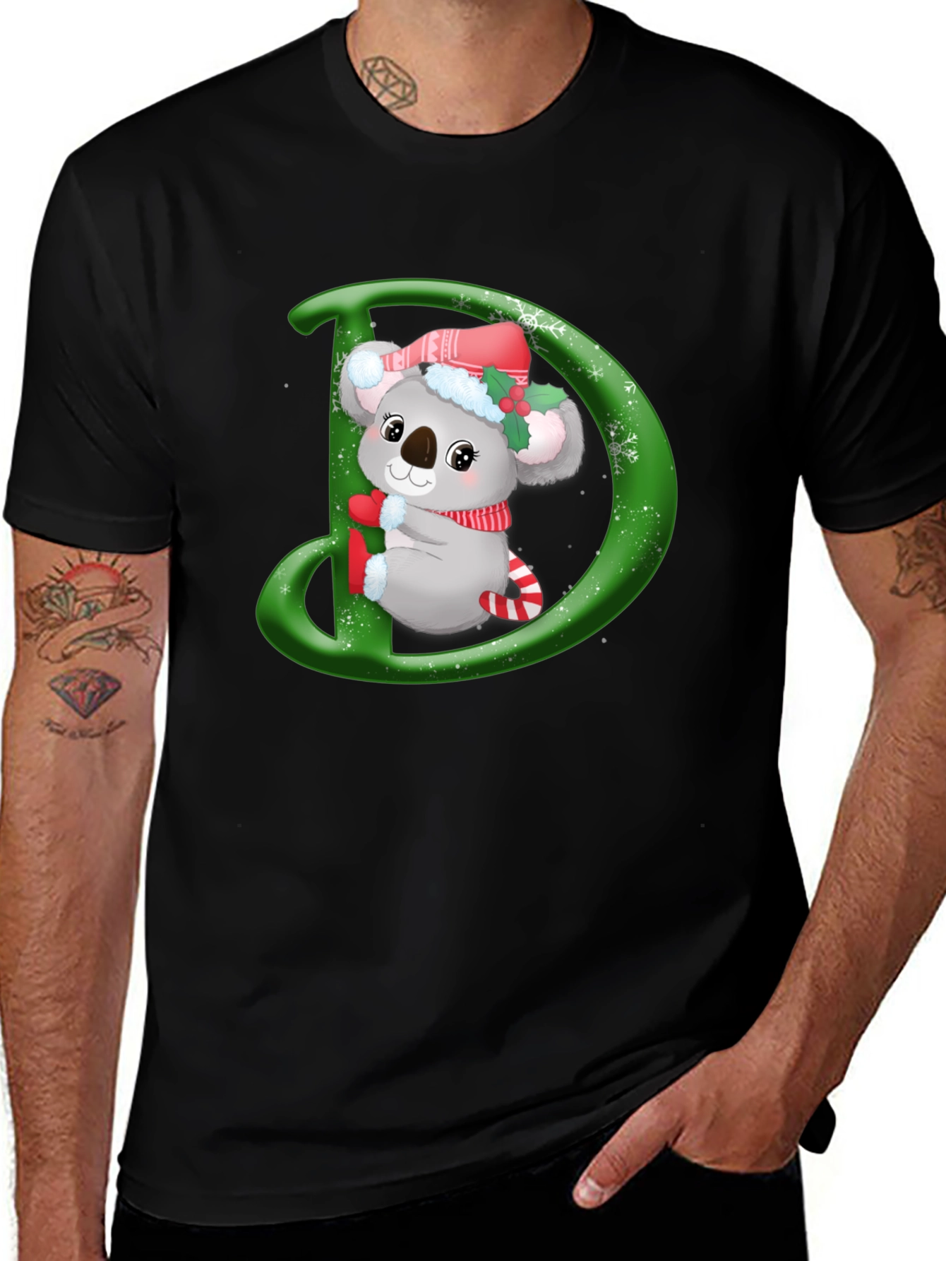 Christmas Koala D Initial Black T-Shirt