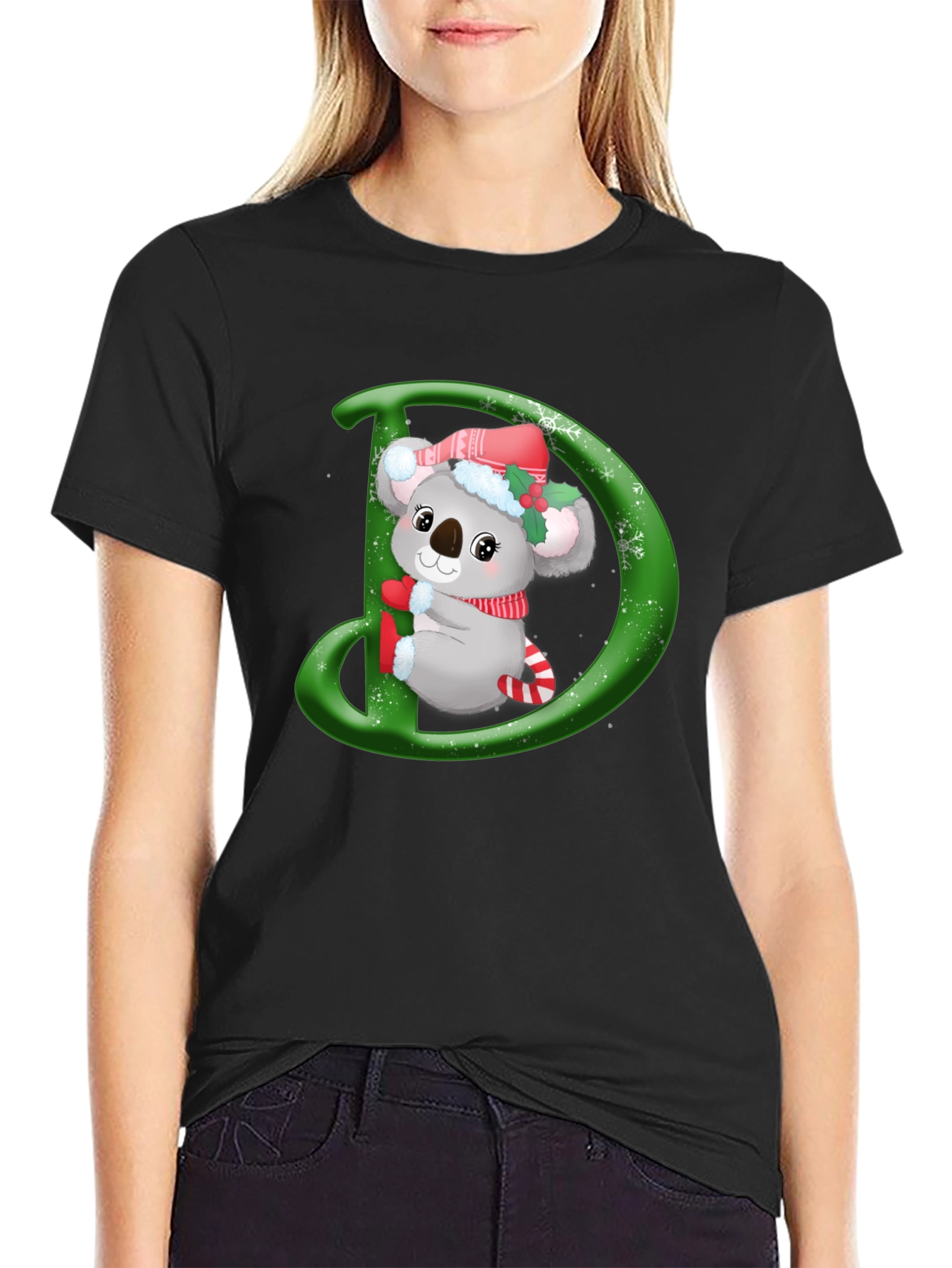 Christmas Koala D Initial Black T-Shirt