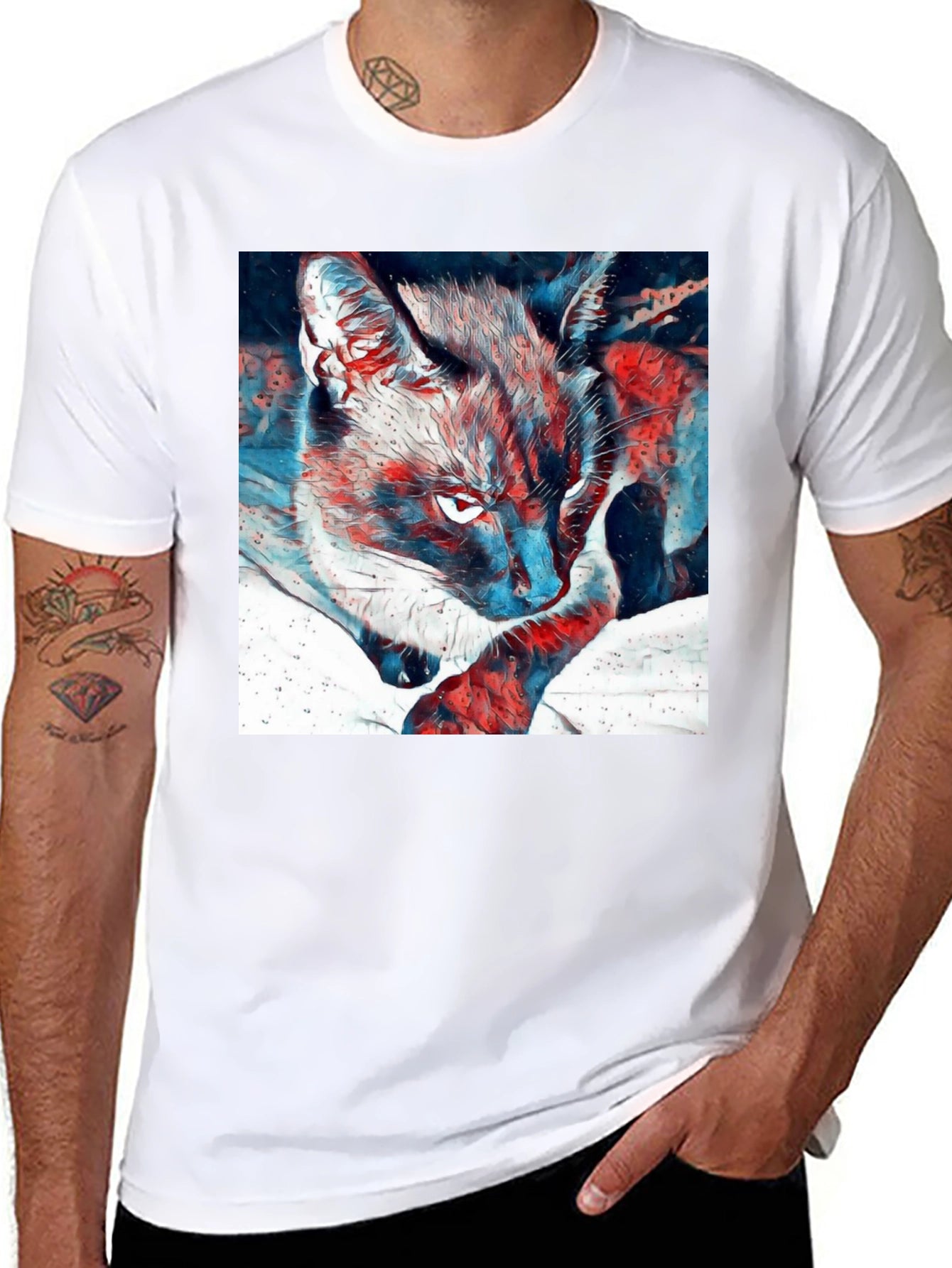 Artistic Cat Graphic Black T-Shirt