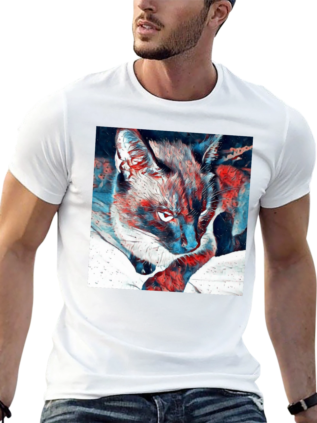 Artistic Cat Graphic Black T-Shirt