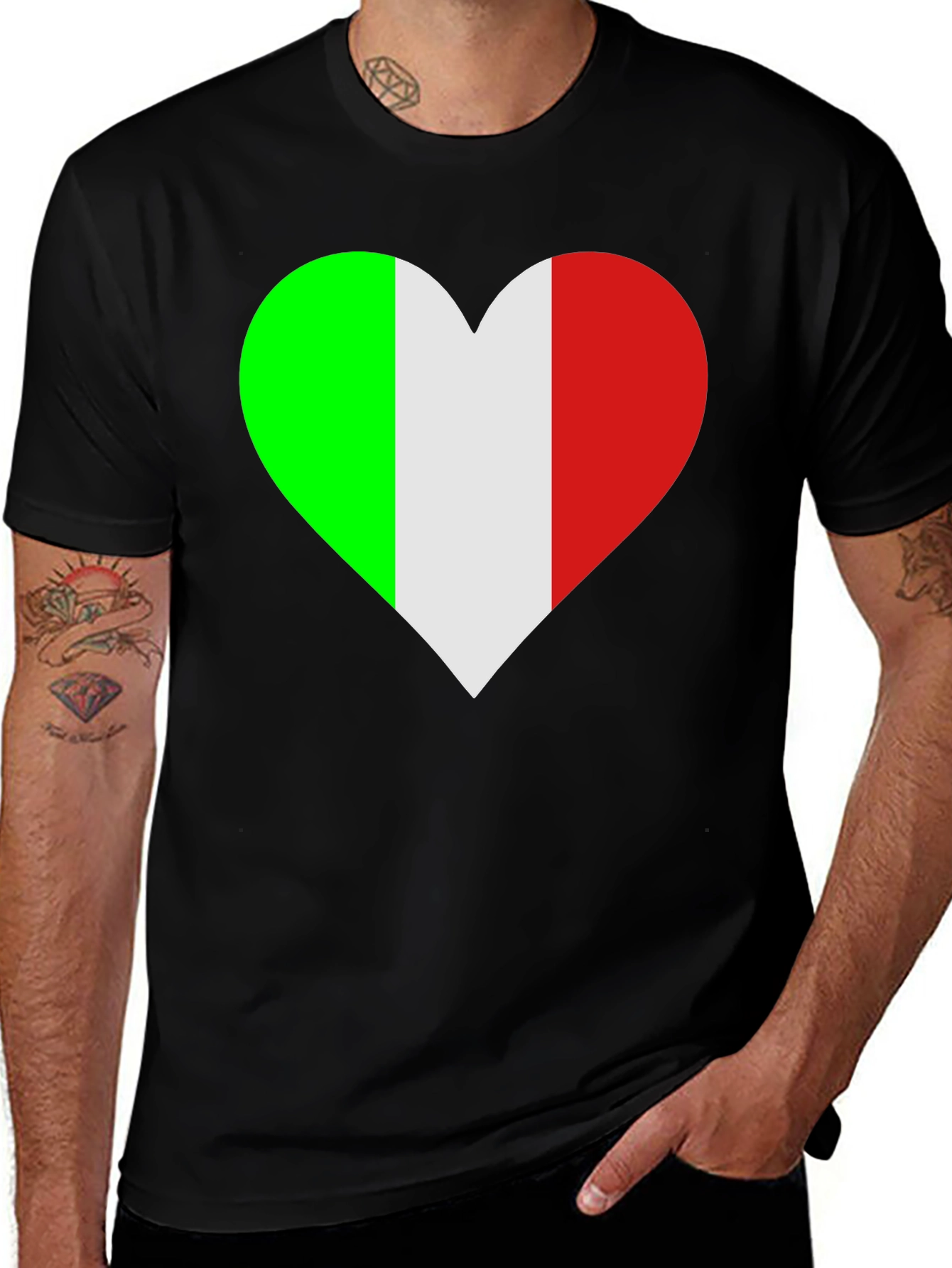 Italian Flag Heart Graphic Tee - Black Cotton T-Shirt
