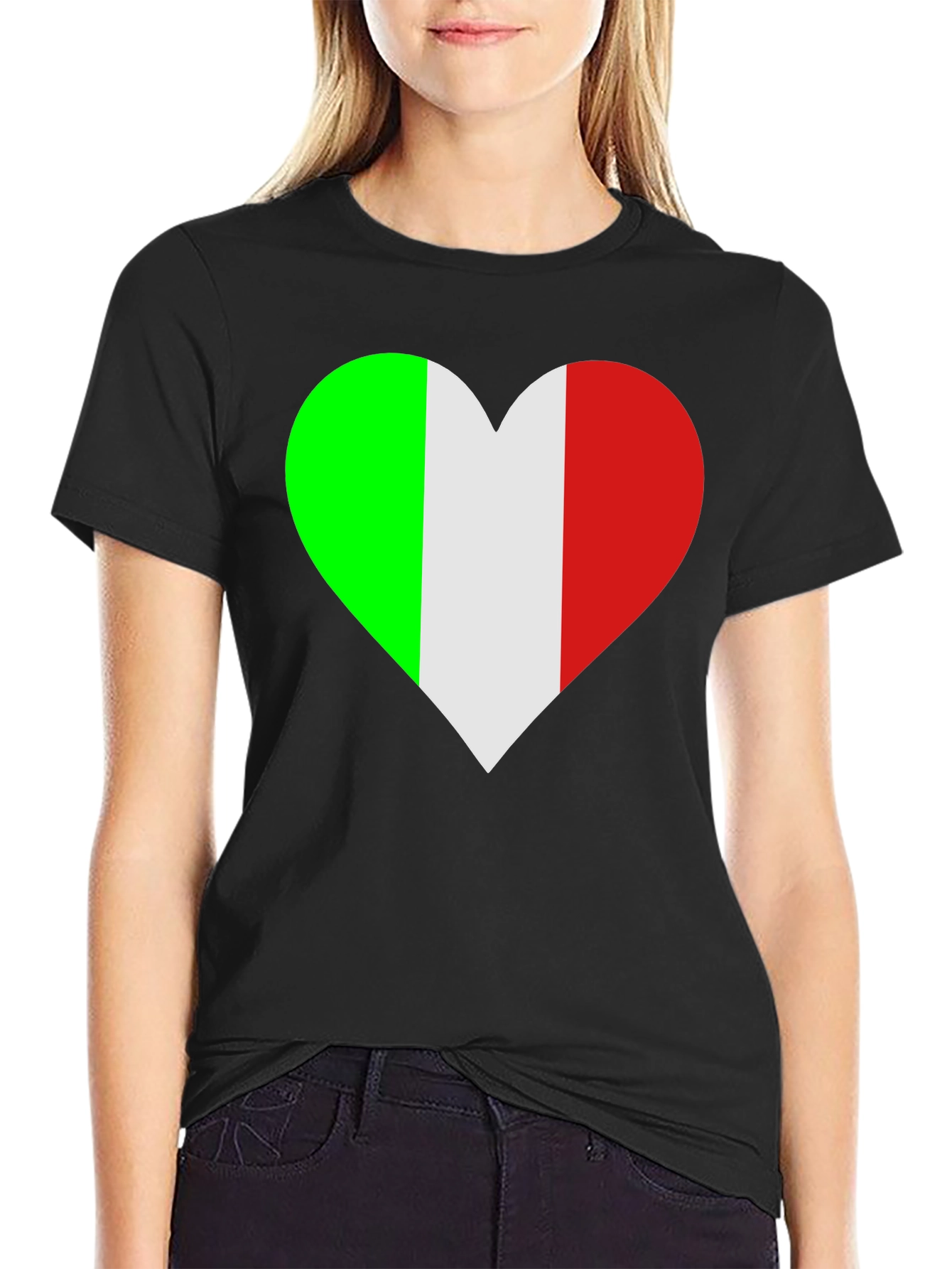 Italian Flag Heart Graphic Tee - Black Cotton T-Shirt