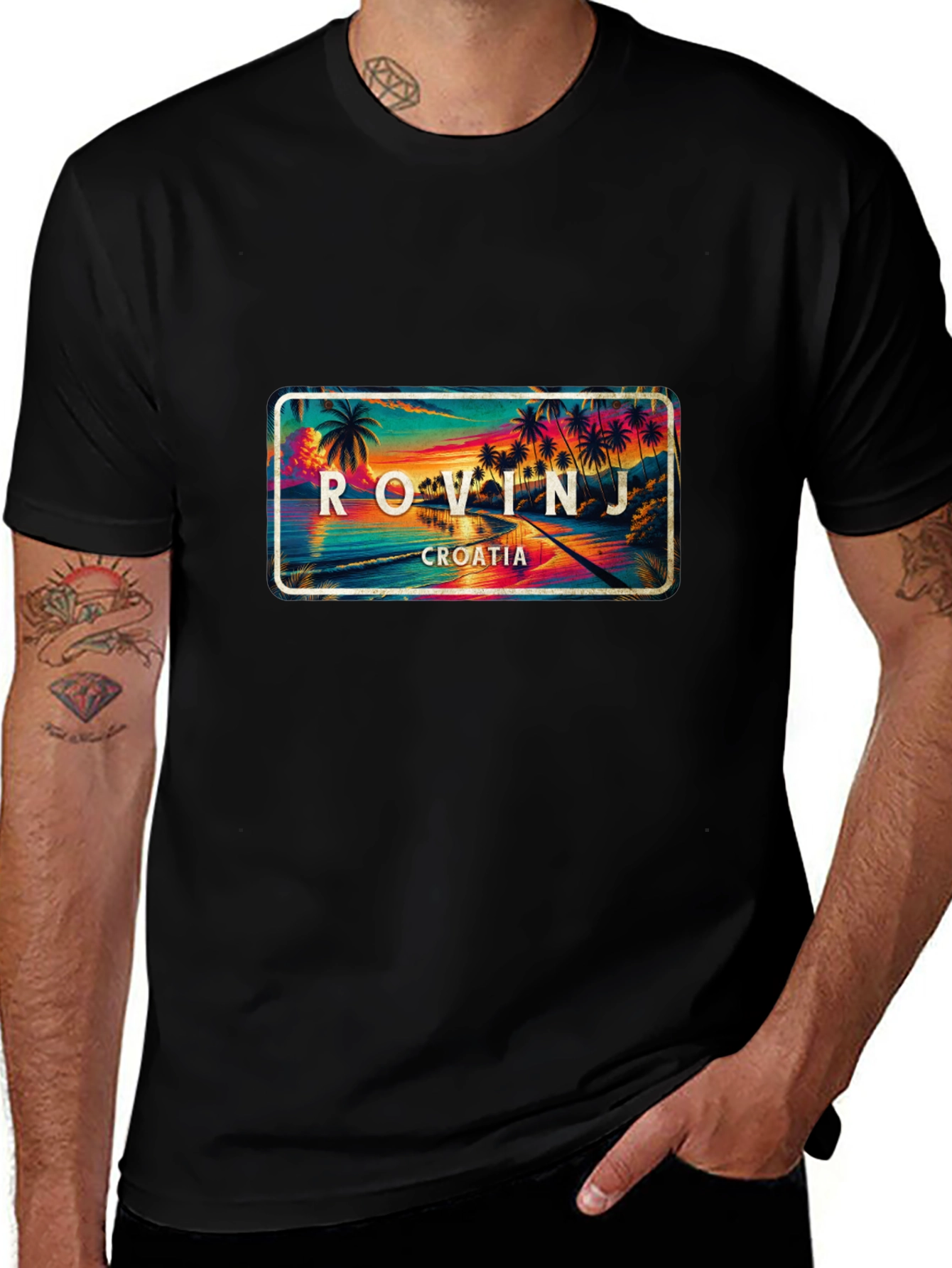 Rovinj Croatia Palm Tree Scene Black T-Shirt