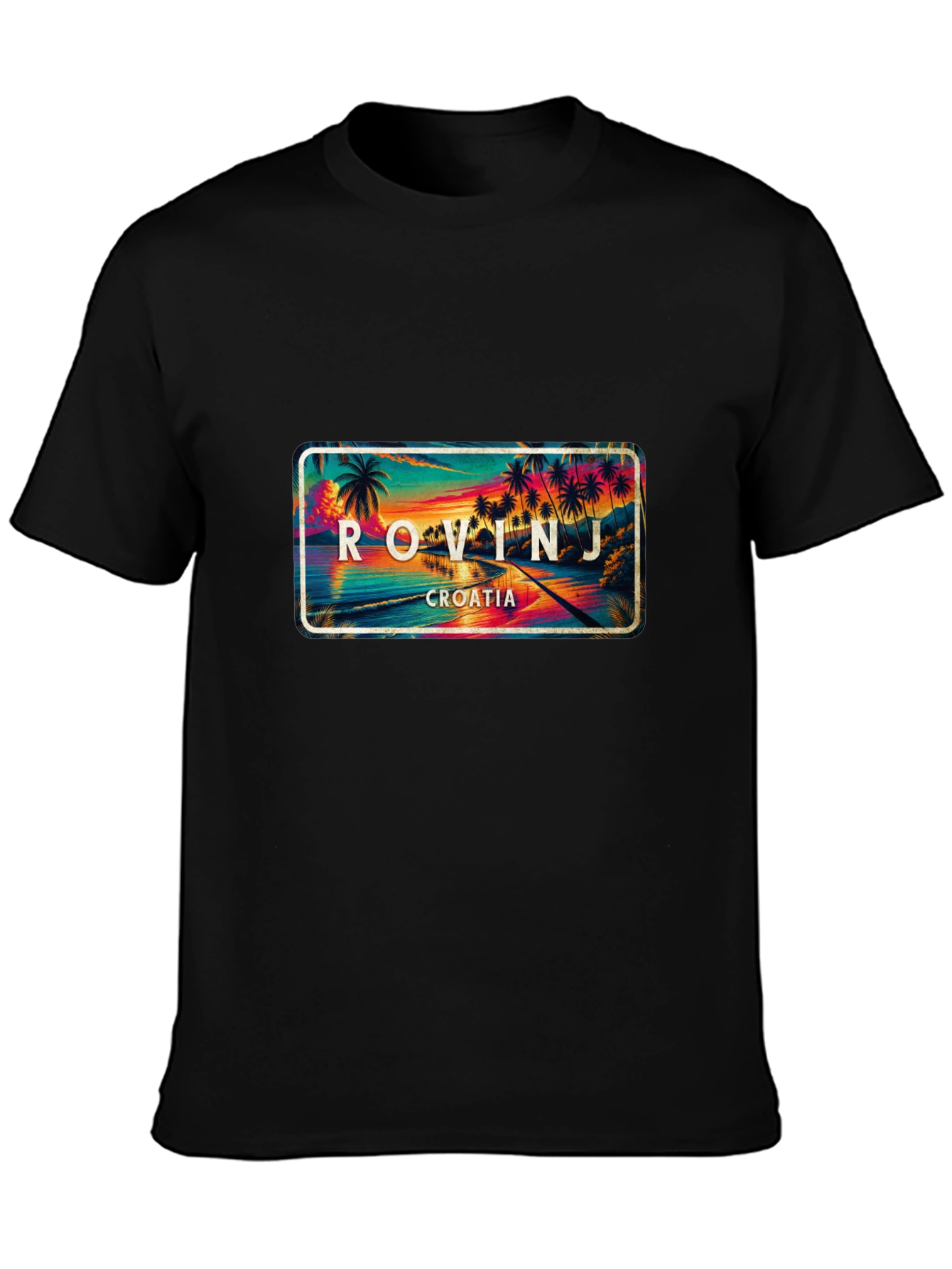 Rovinj Croatia Palm Tree Scene Black T-Shirt