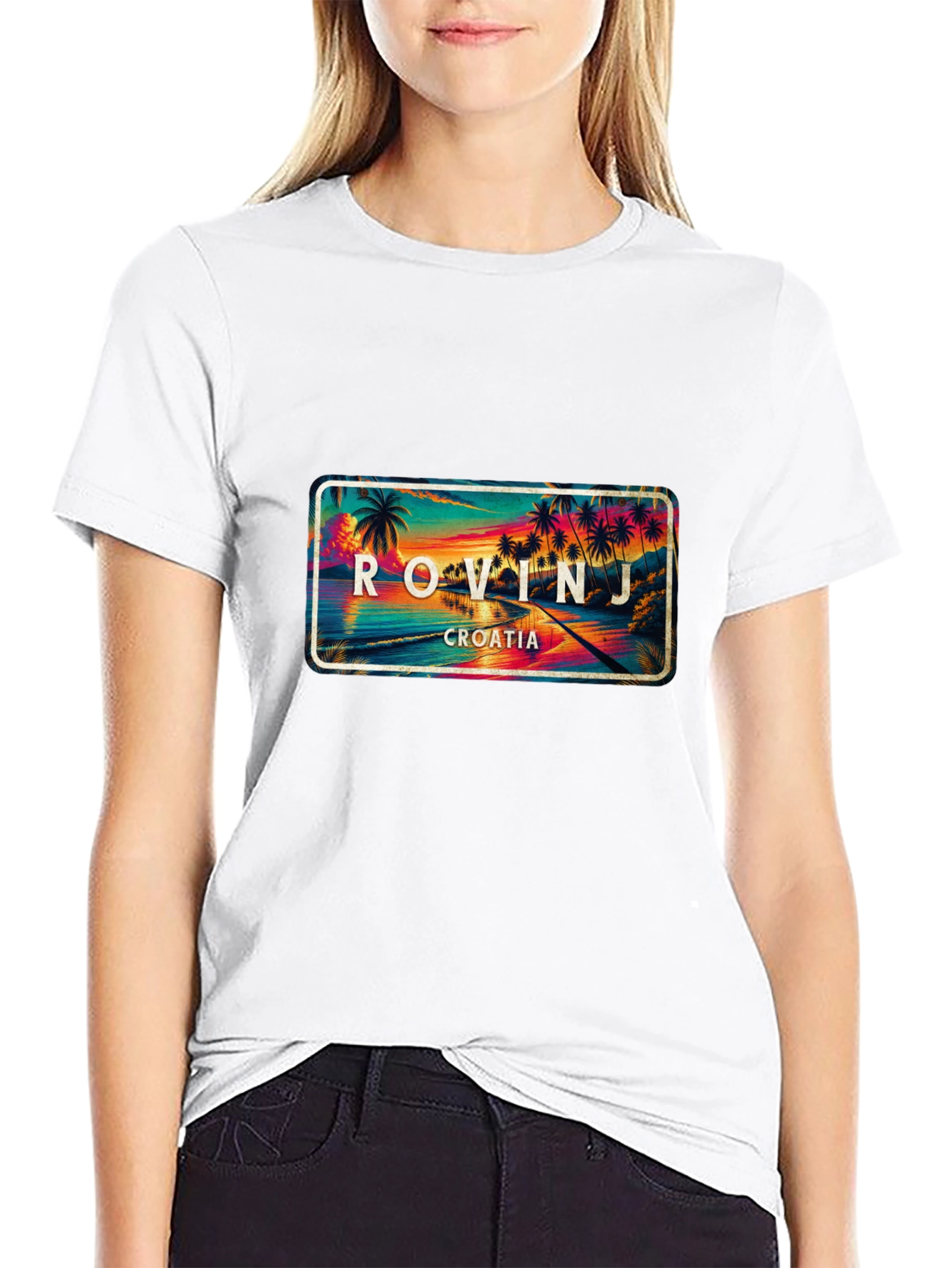 Rovinj Croatia Palm Tree Scene Black T-Shirt