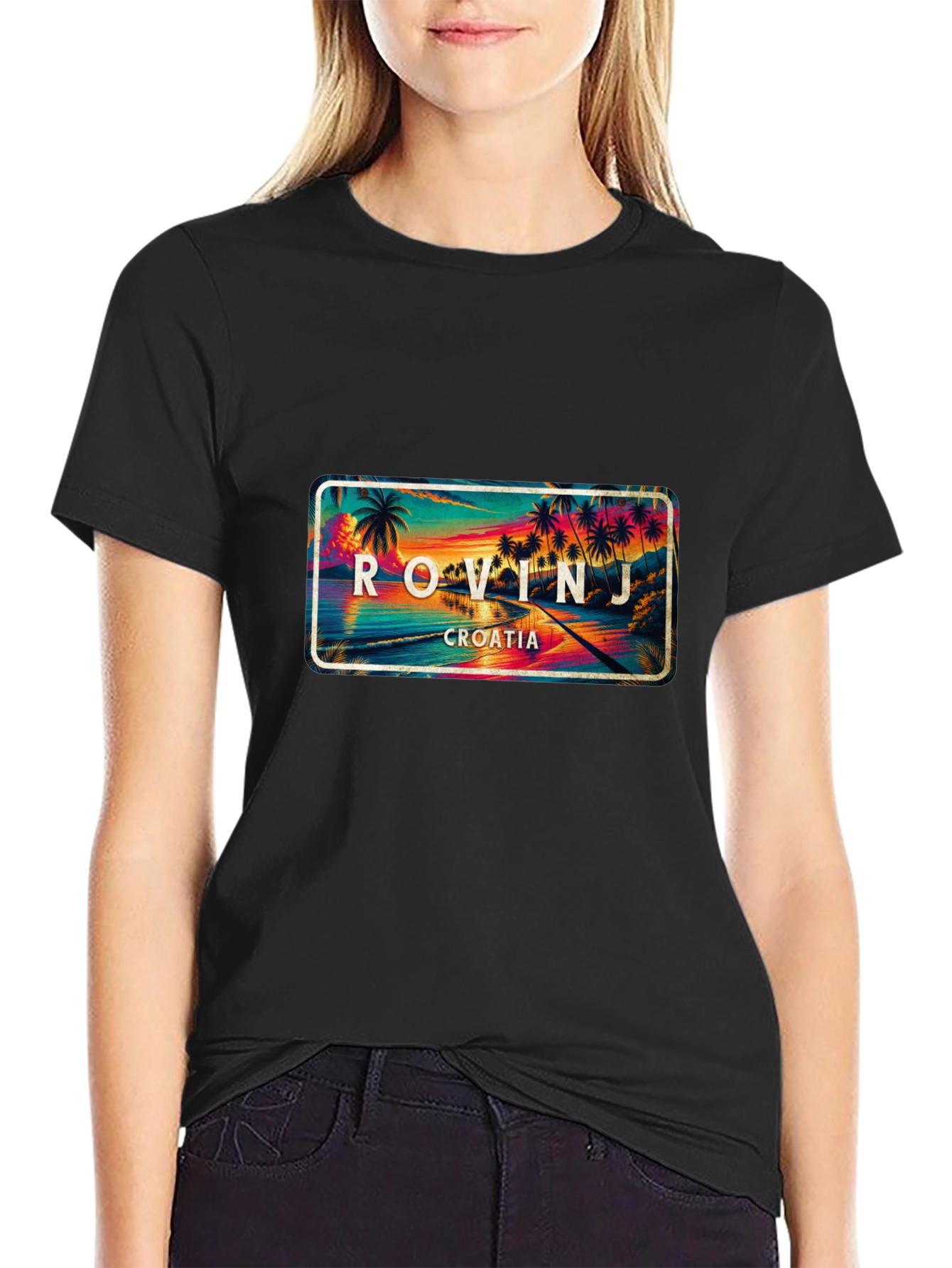 Rovinj Croatia Palm Tree Scene Black T-Shirt