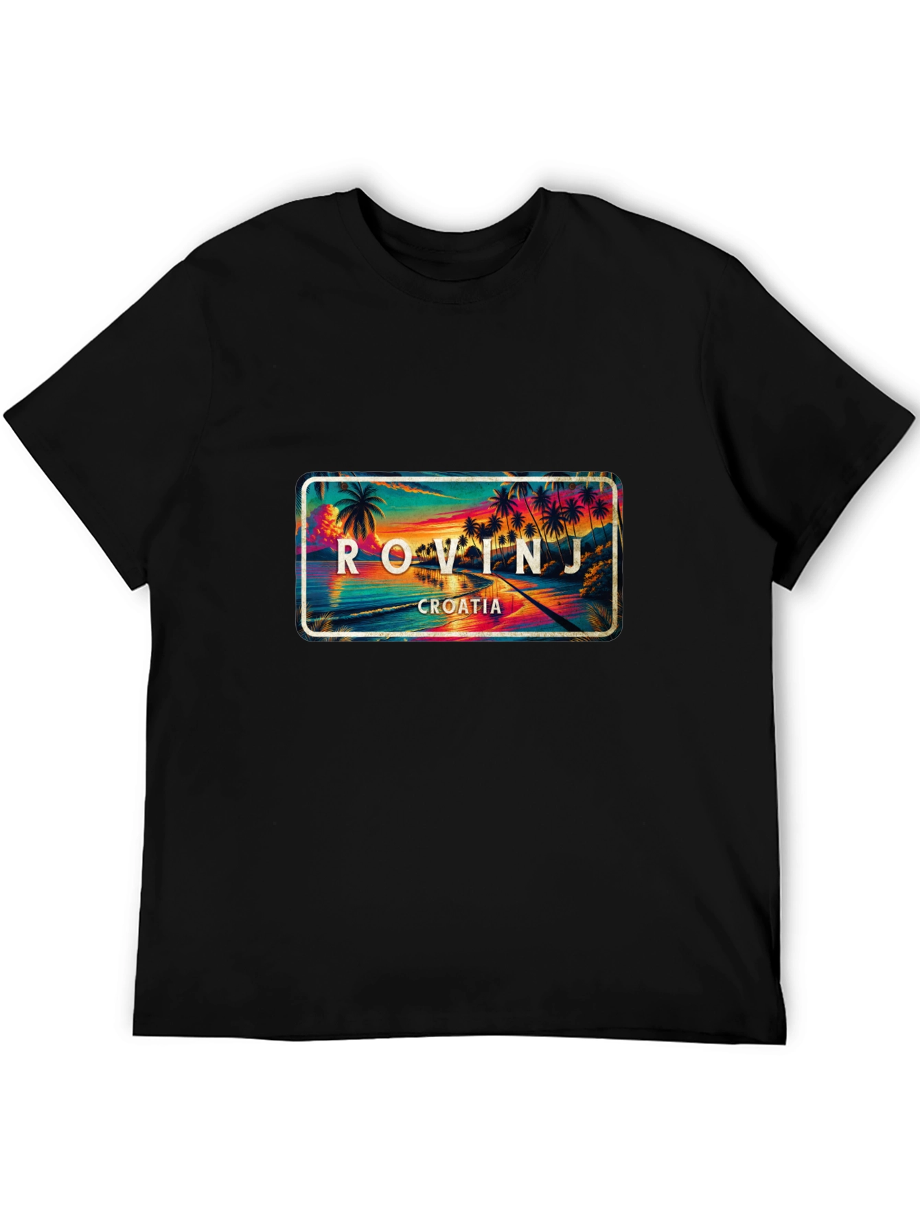 Rovinj Croatia Palm Tree Scene Black T-Shirt