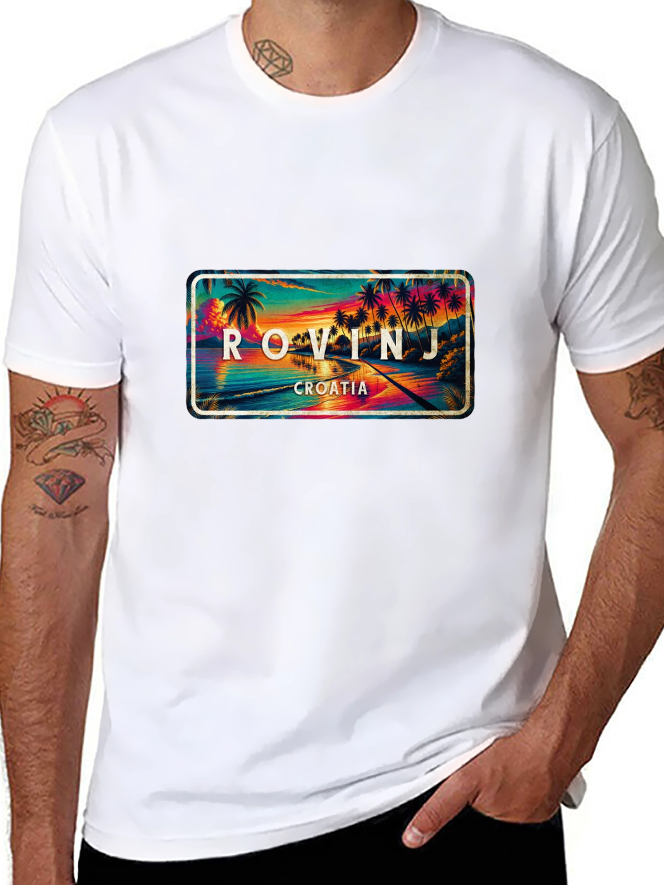 Rovinj Croatia Palm Tree Scene Black T-Shirt