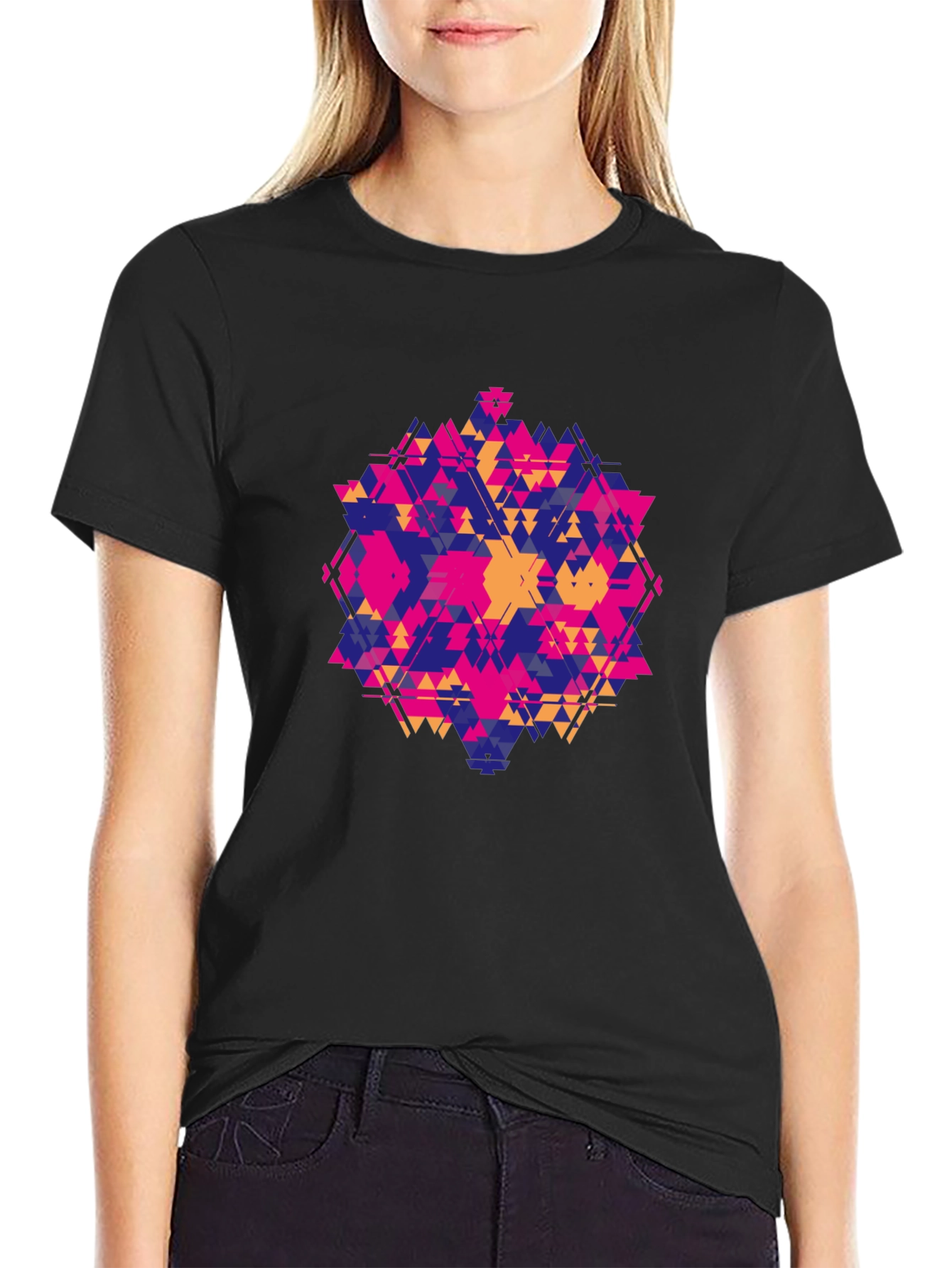Geometric Triangle Pattern Black T-Shirt