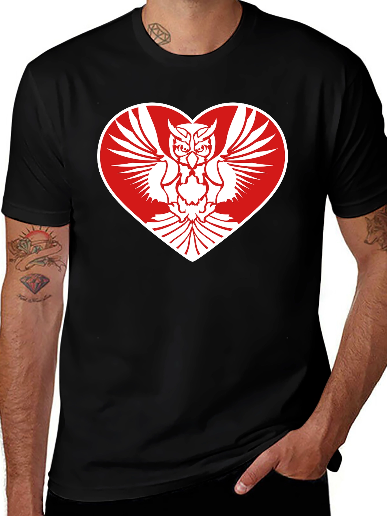 Owl Heart Graphic Tee - Mens Black Cotton T-Shirt