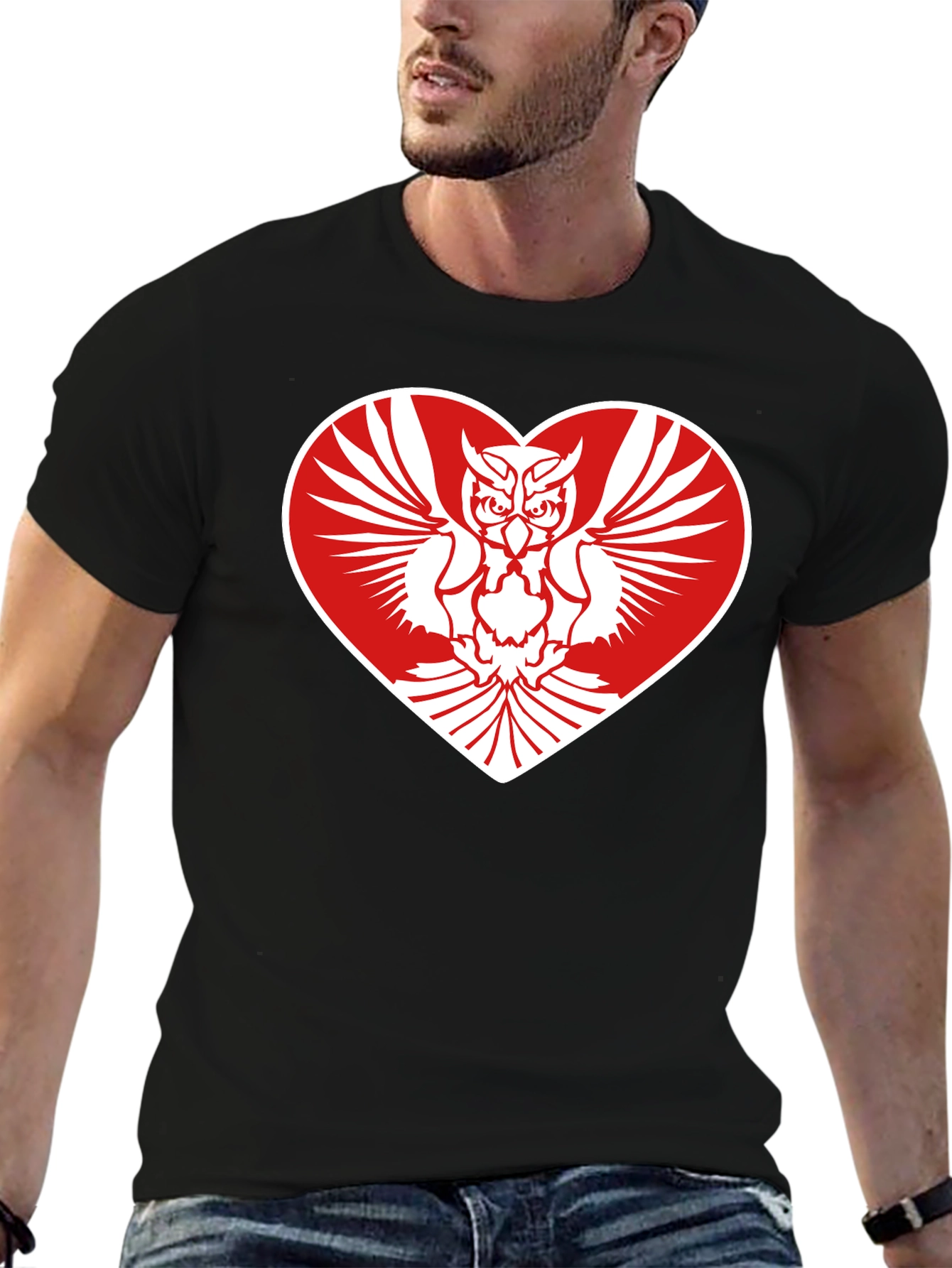 Owl Heart Graphic Tee - Mens Black Cotton T-Shirt
