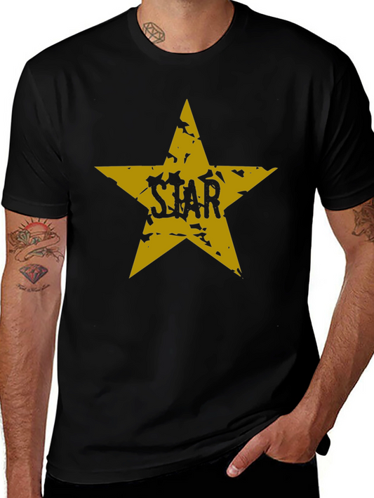Black T-Shirt with Distressed Gold Star Graphic