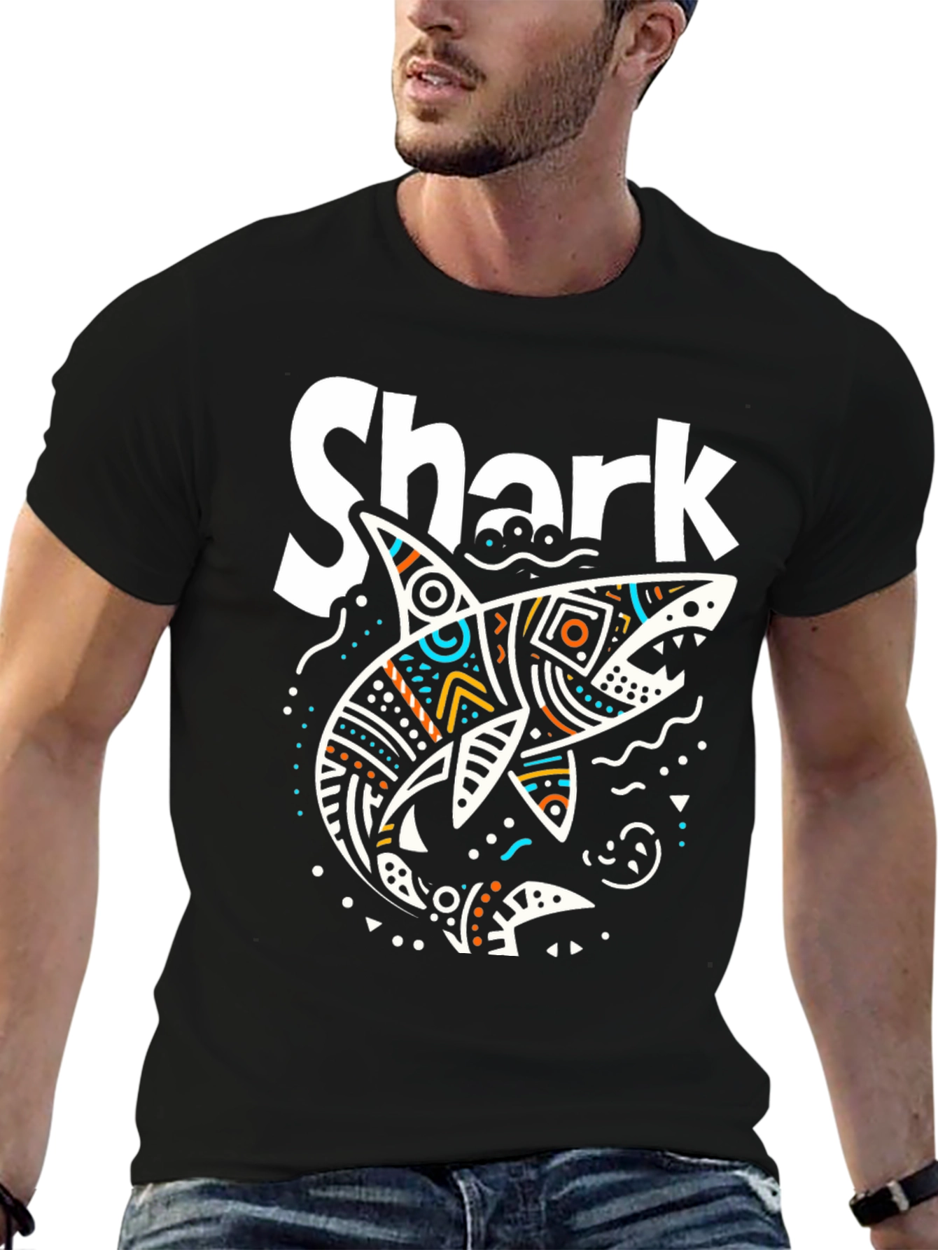Shark Graphic Print Mens T-Shirt - Black