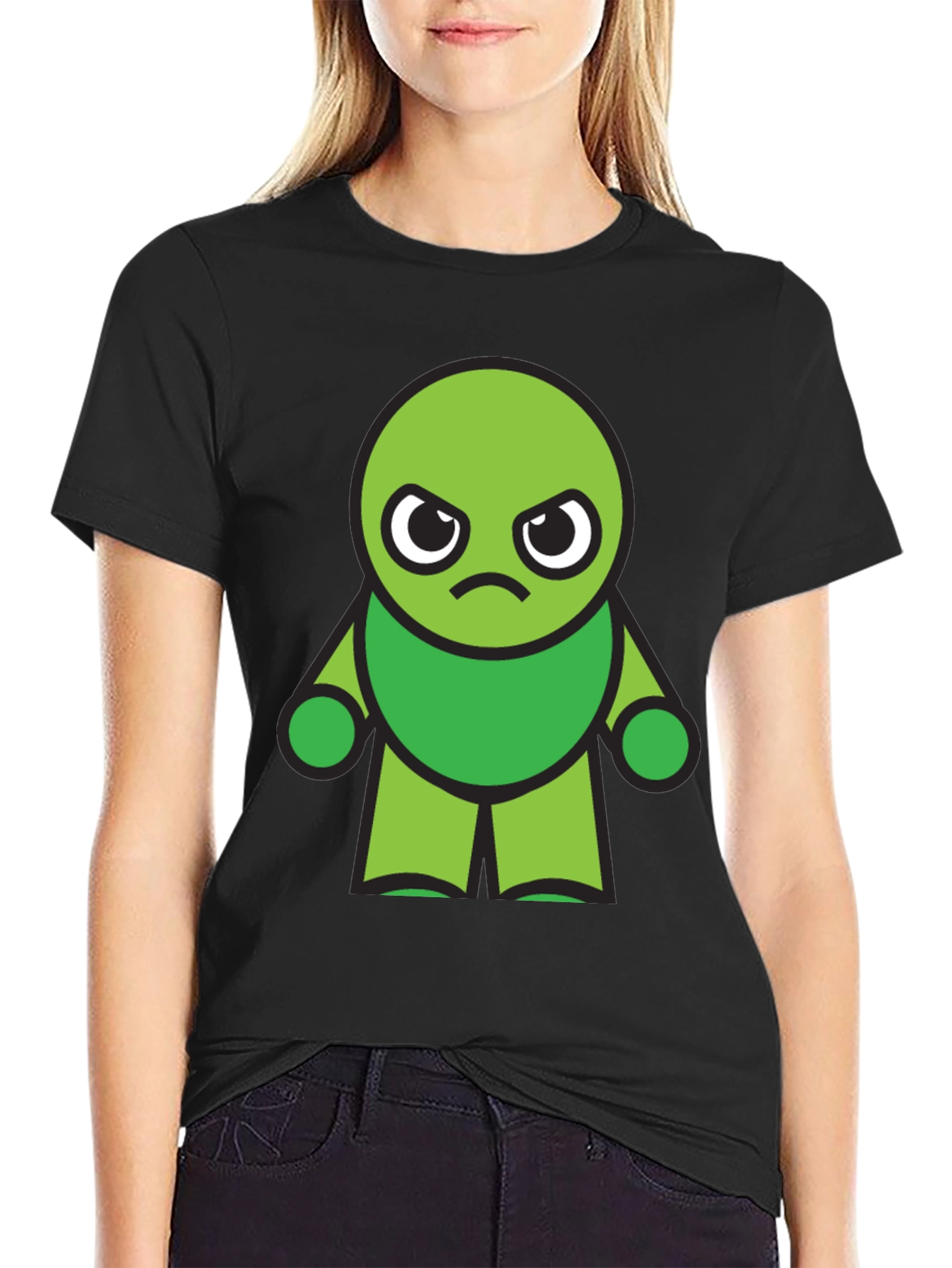 Grumpy Green Cartoon Character Black T-Shirt