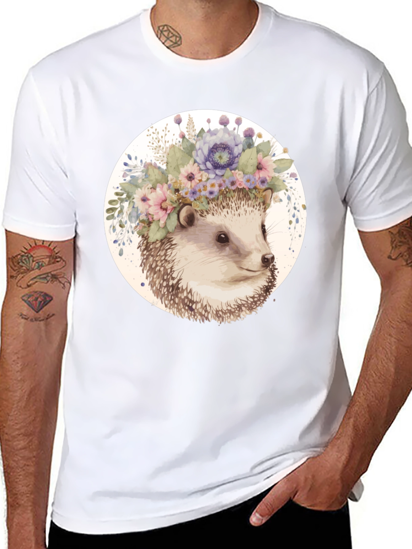 Hedgehog Floral Crown Black T-Shirt