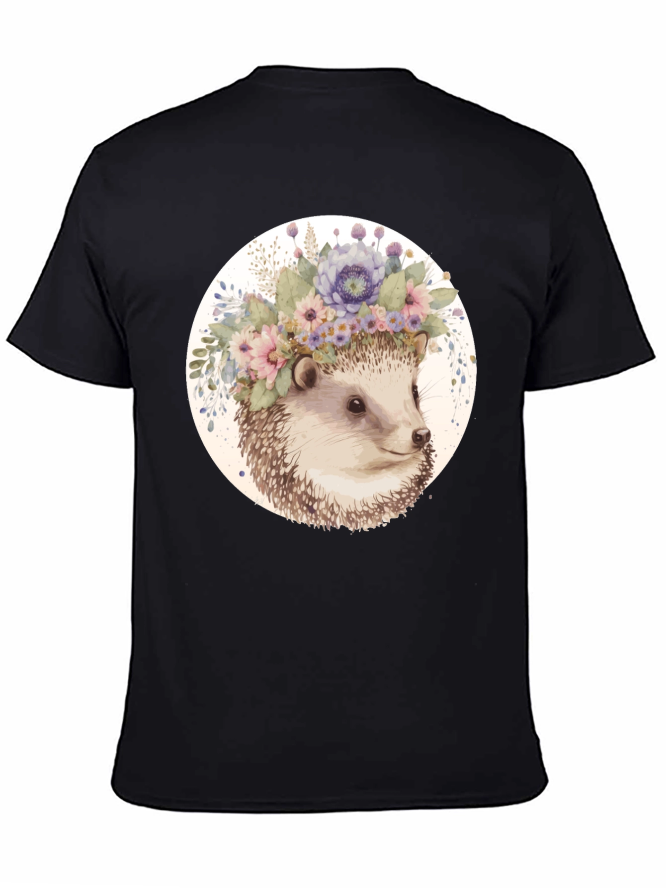 Hedgehog Floral Crown Black T-Shirt