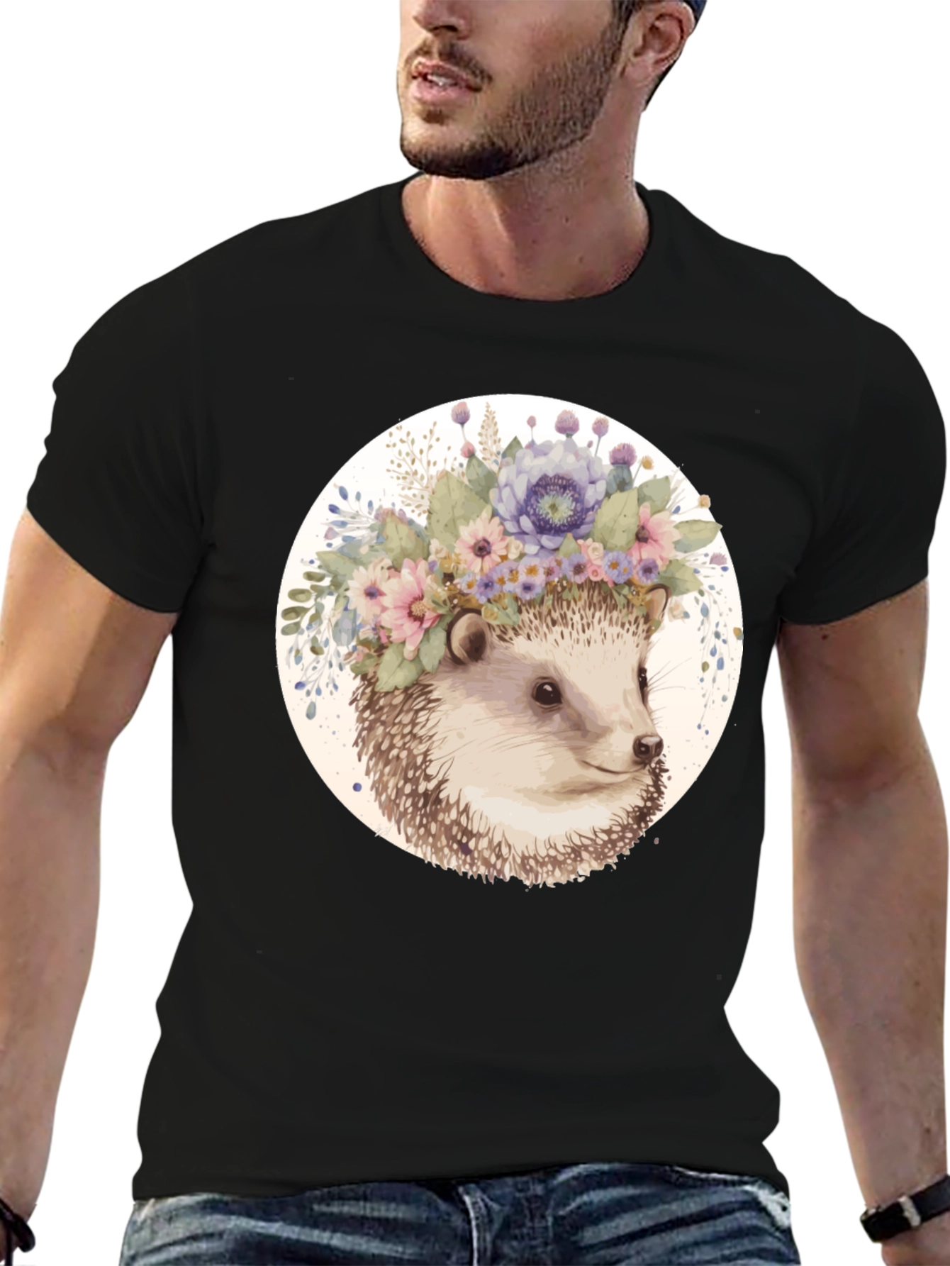 Hedgehog Floral Crown Black T-Shirt