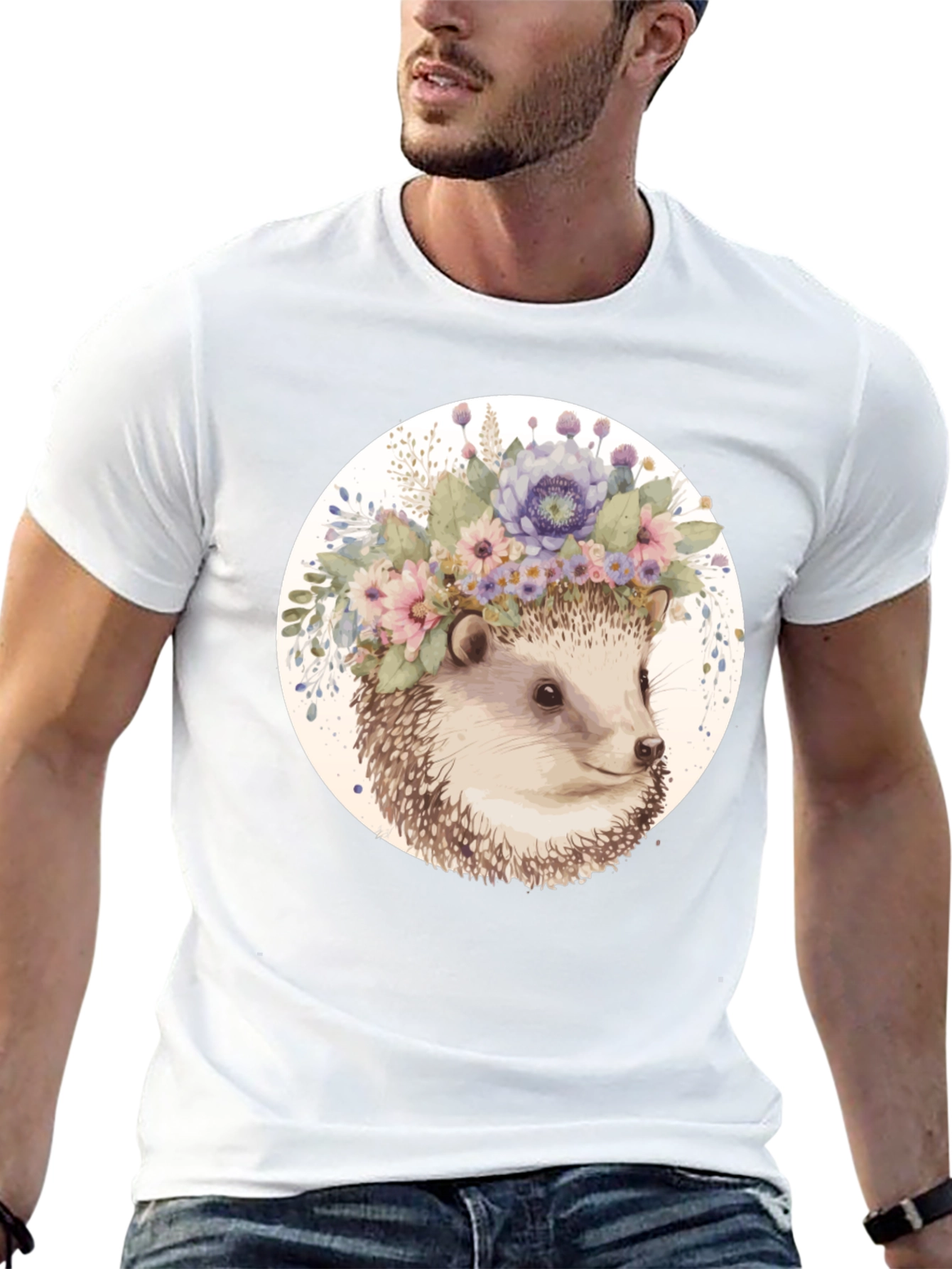 Hedgehog Floral Crown Black T-Shirt
