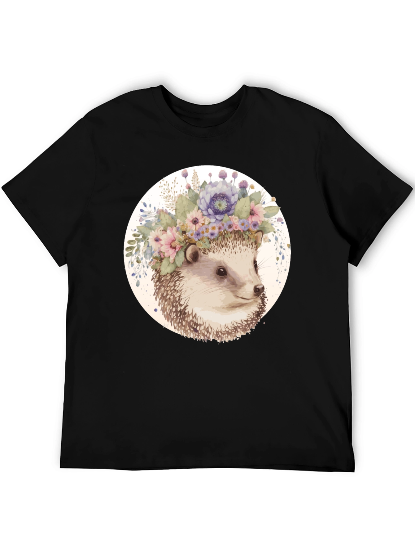 Hedgehog Floral Crown Black T-Shirt